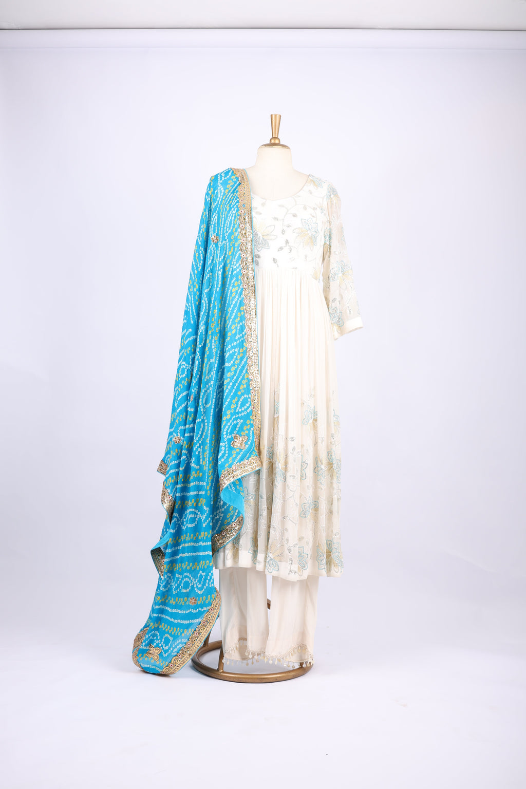 Ivory Anarkali with Sky Blue Dupatta