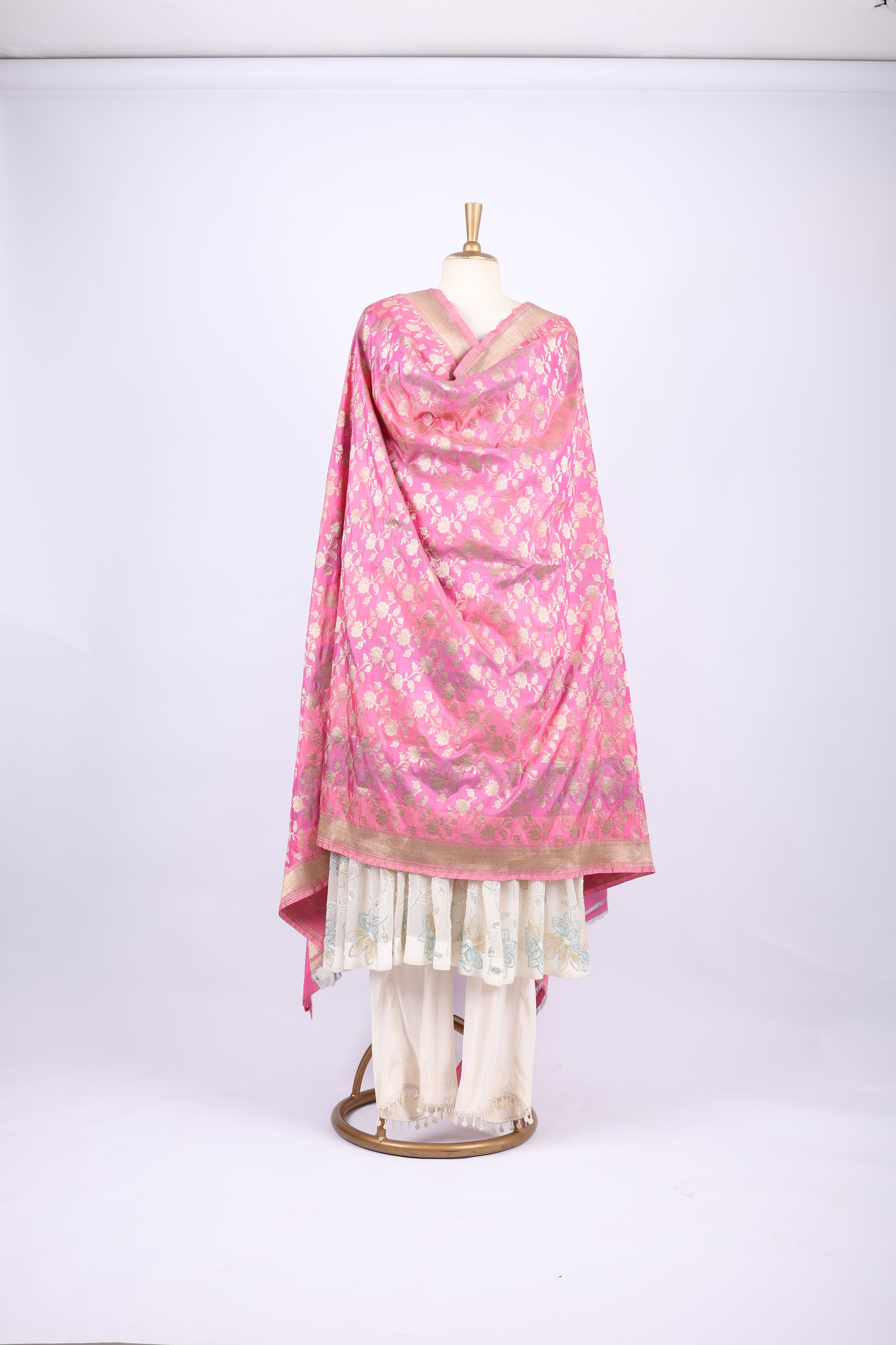 Pink with Golden Zari Work dupatta