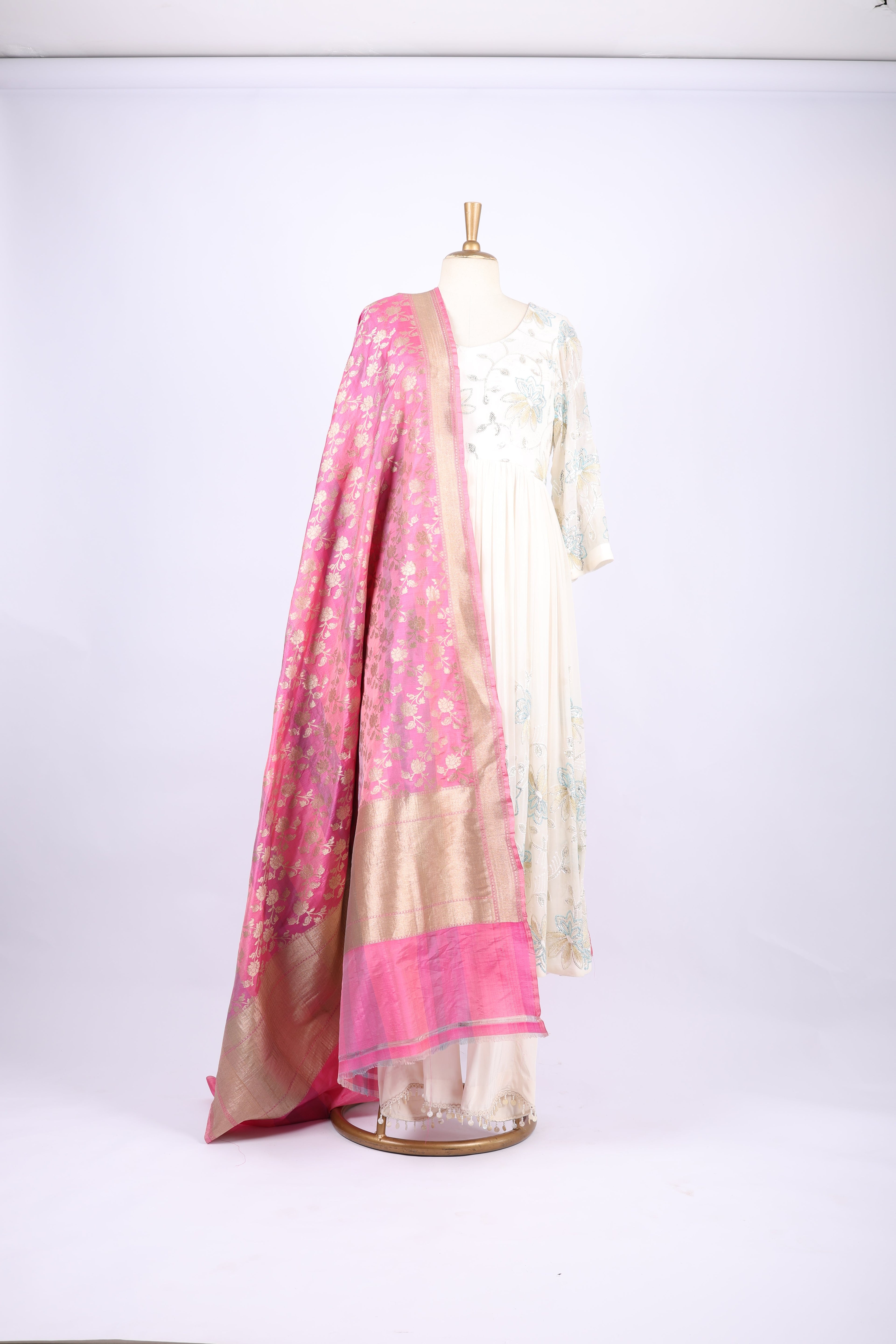 Pink with Golden Zari Work dupatta