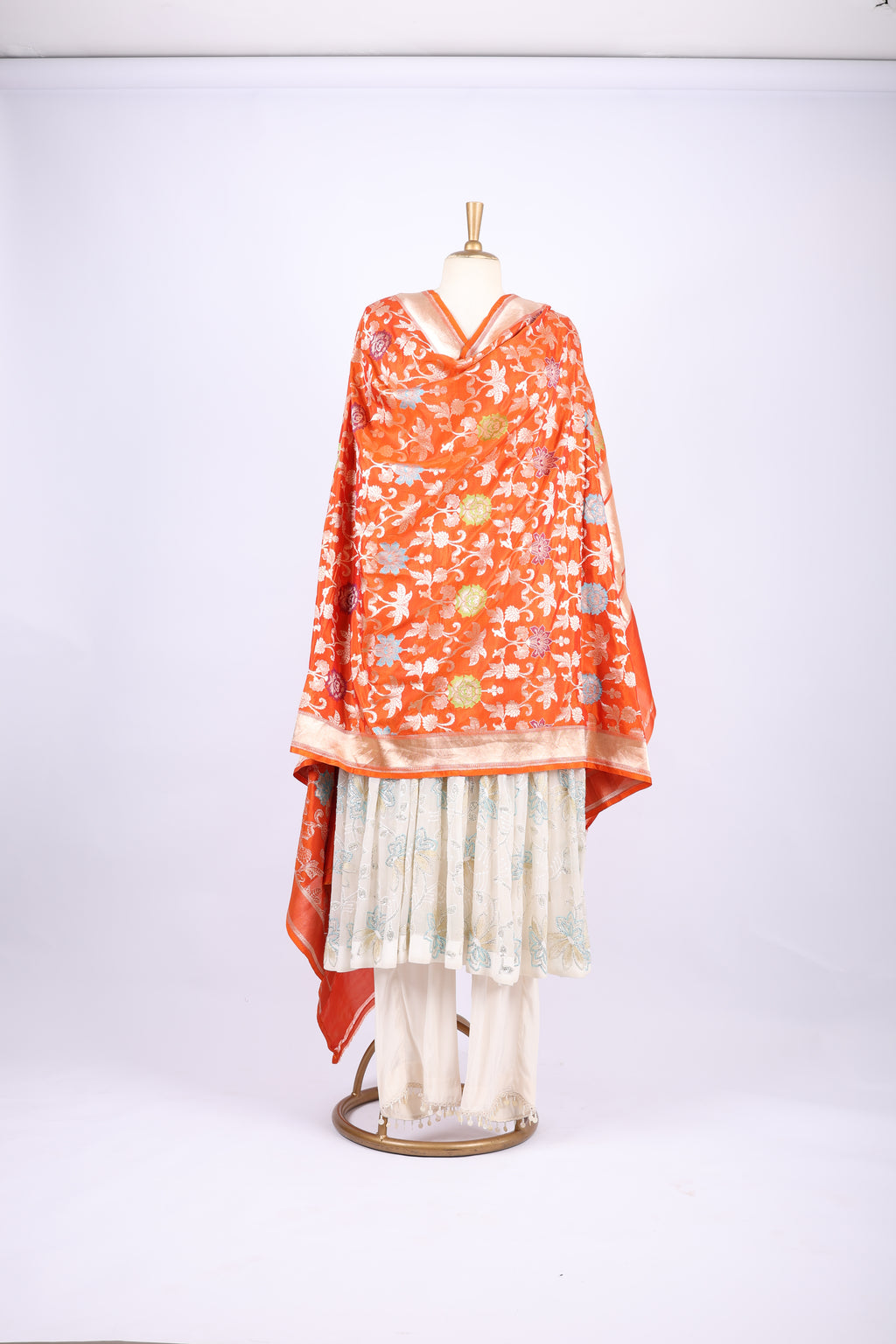 Orange  Floral Dupatta