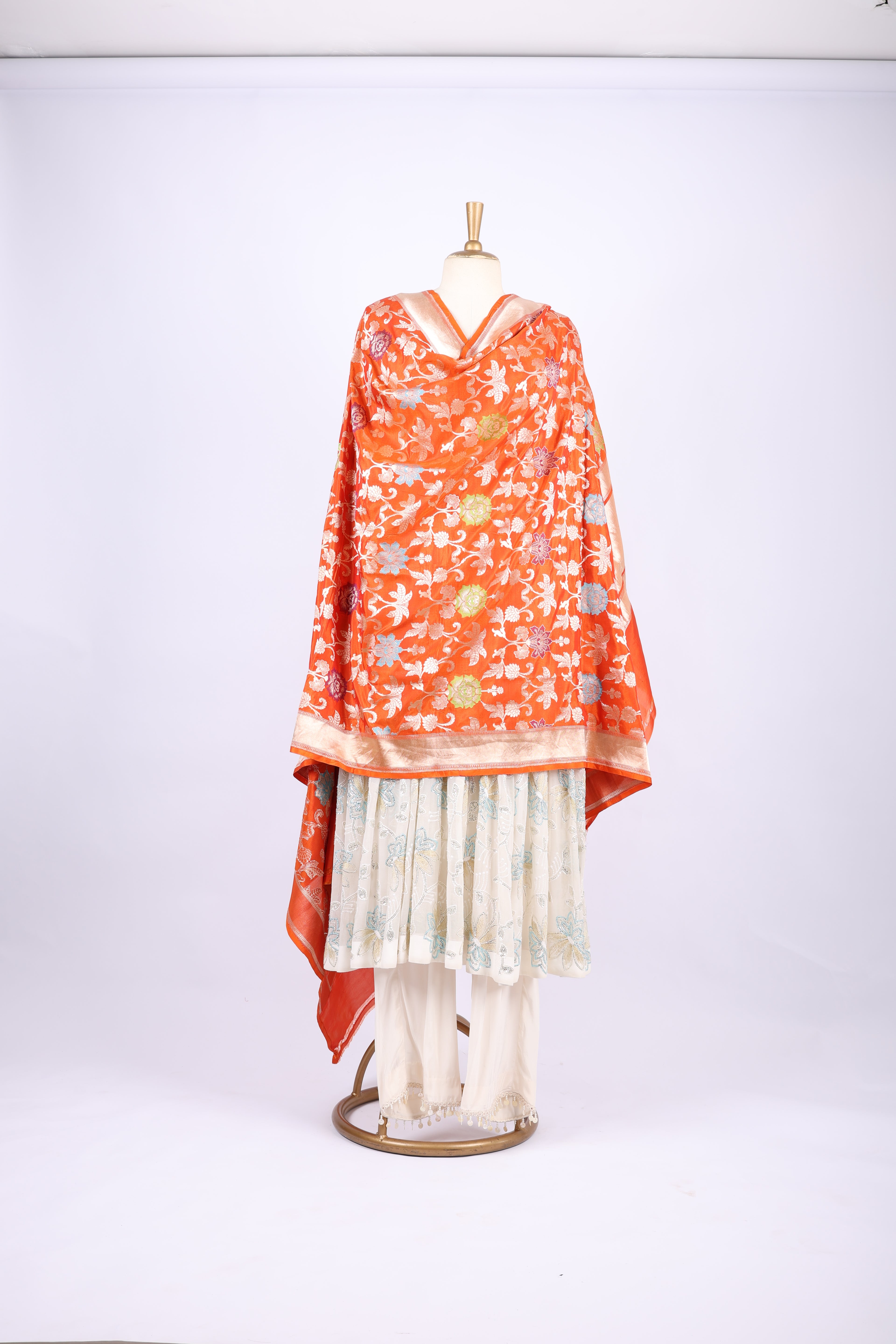 Orange  Floral Dupatta