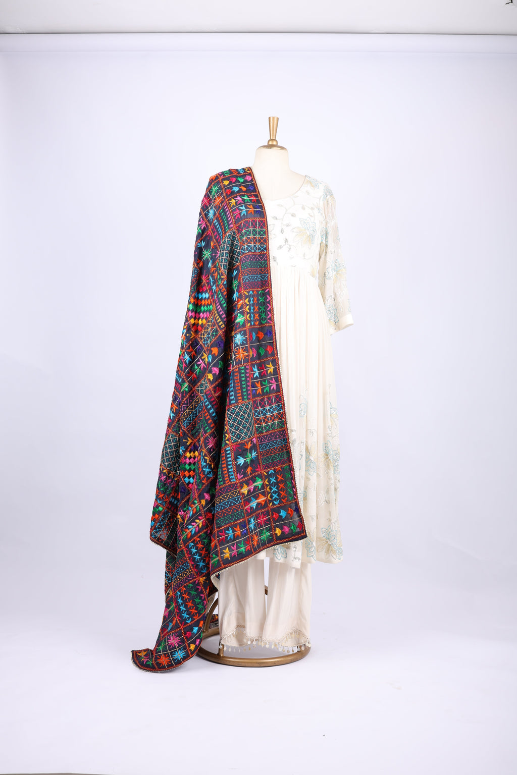Multicolor Phulkari Dupatta on Navy Base
