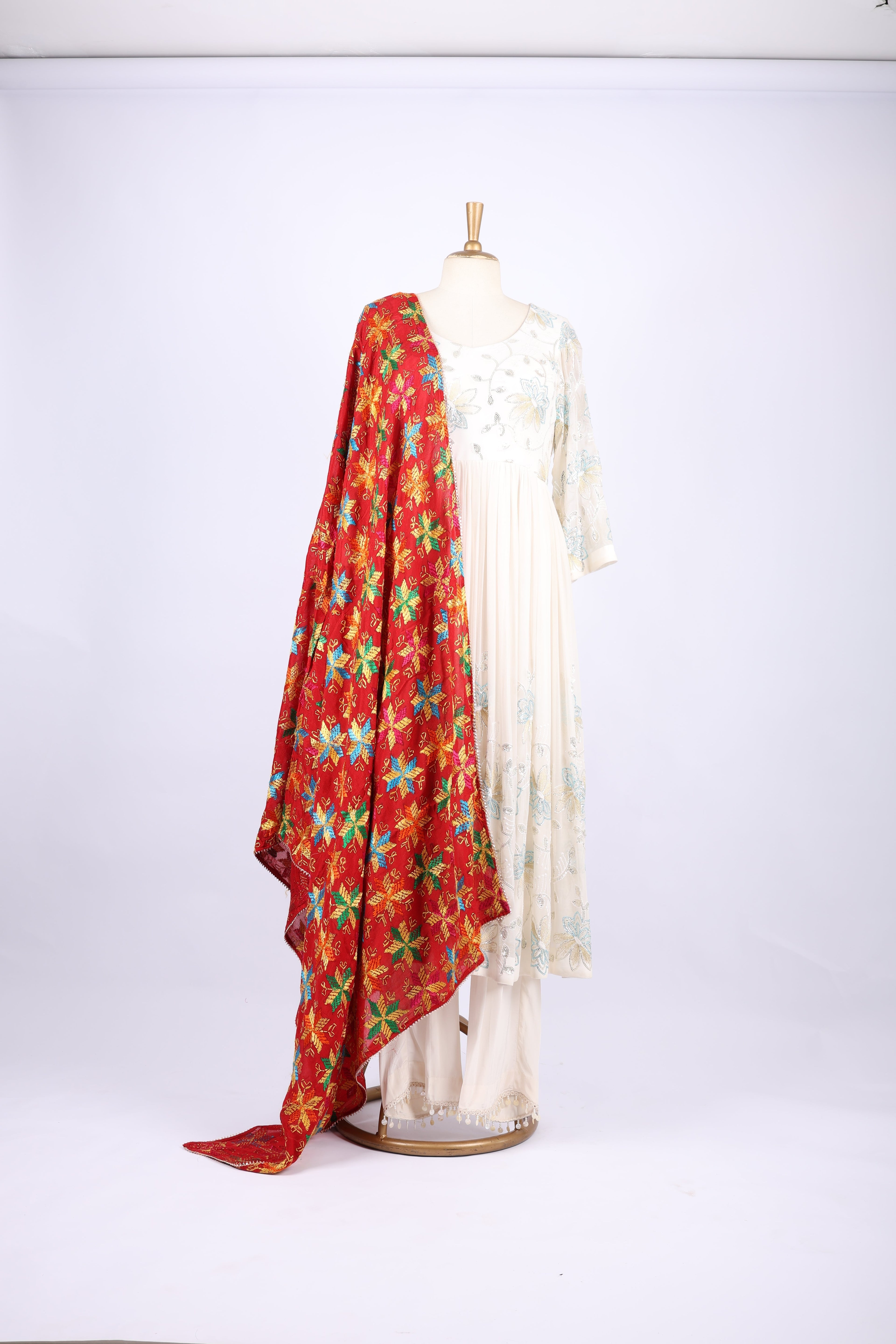 Vibrant Red Multicolor Phulkari Dupatta