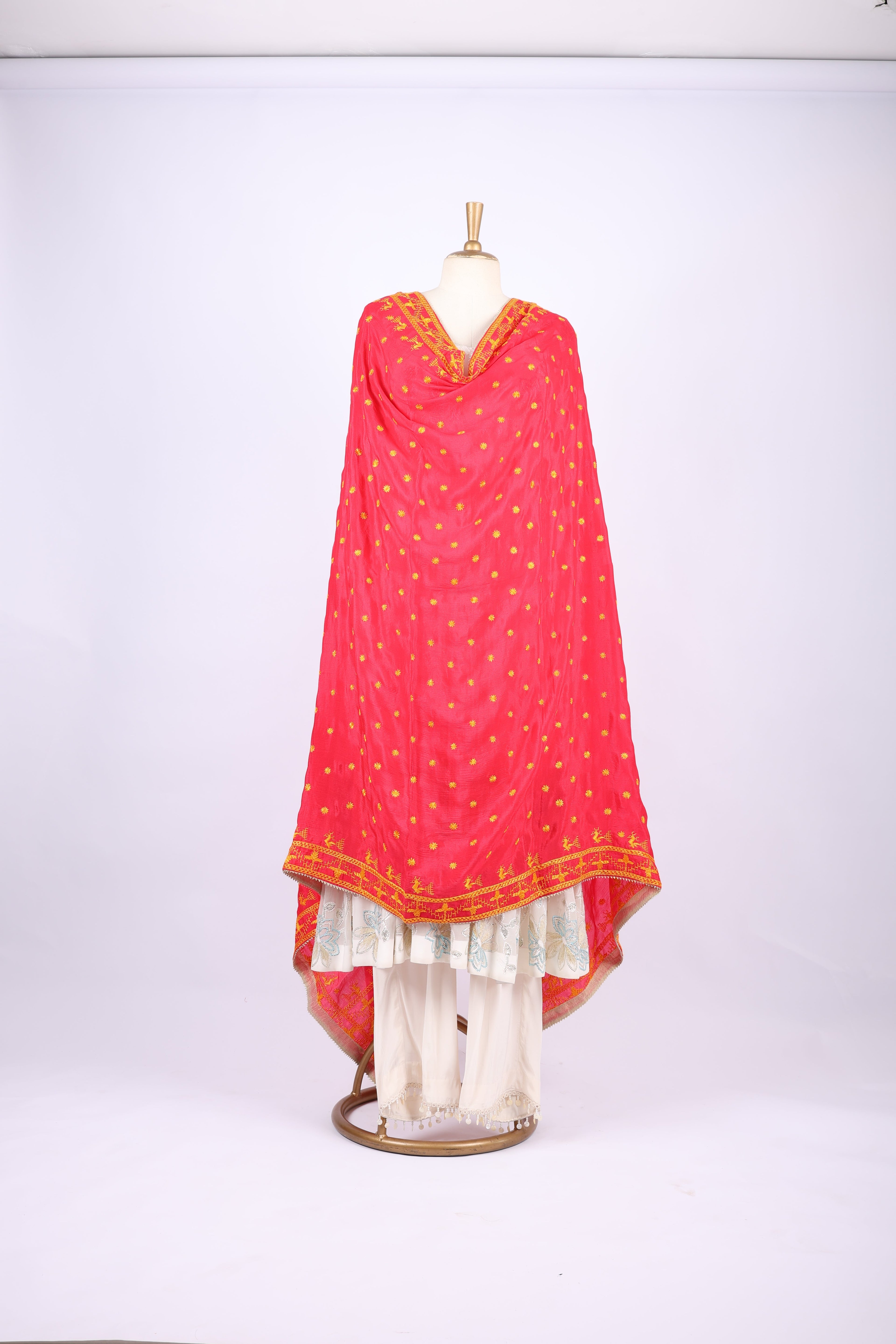 Pink Phulkari Dupatta with Golden Embroidery