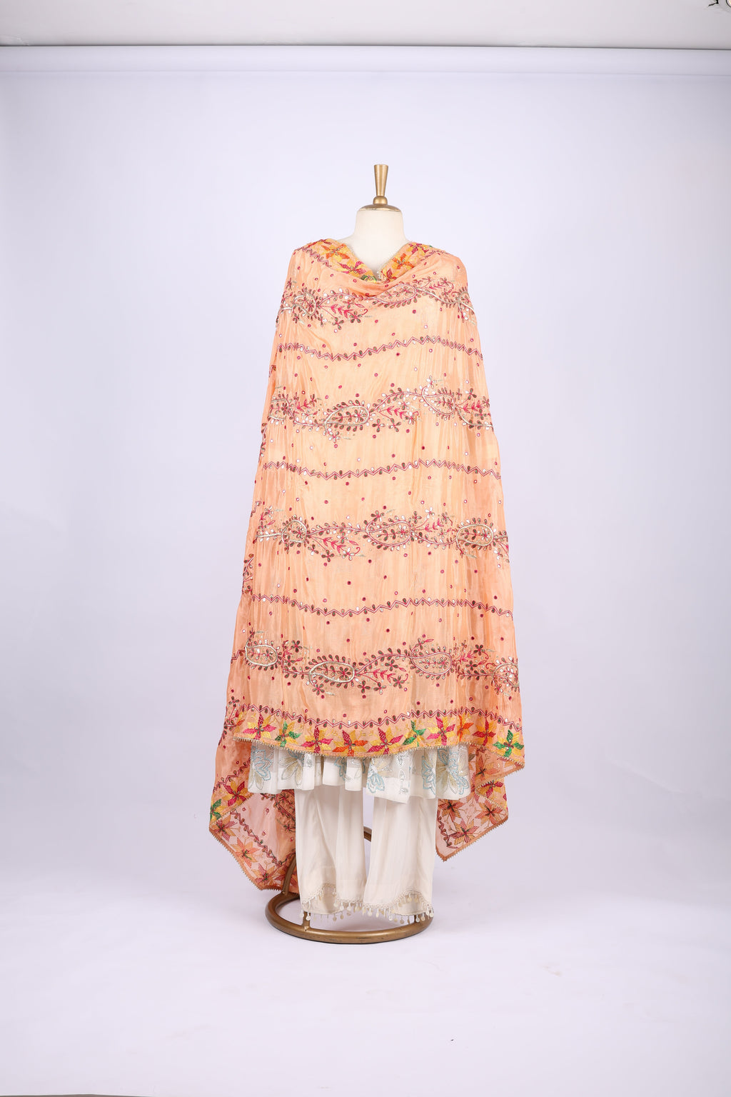 Peach Phulkari Dupatta with Multicolor Embroidery