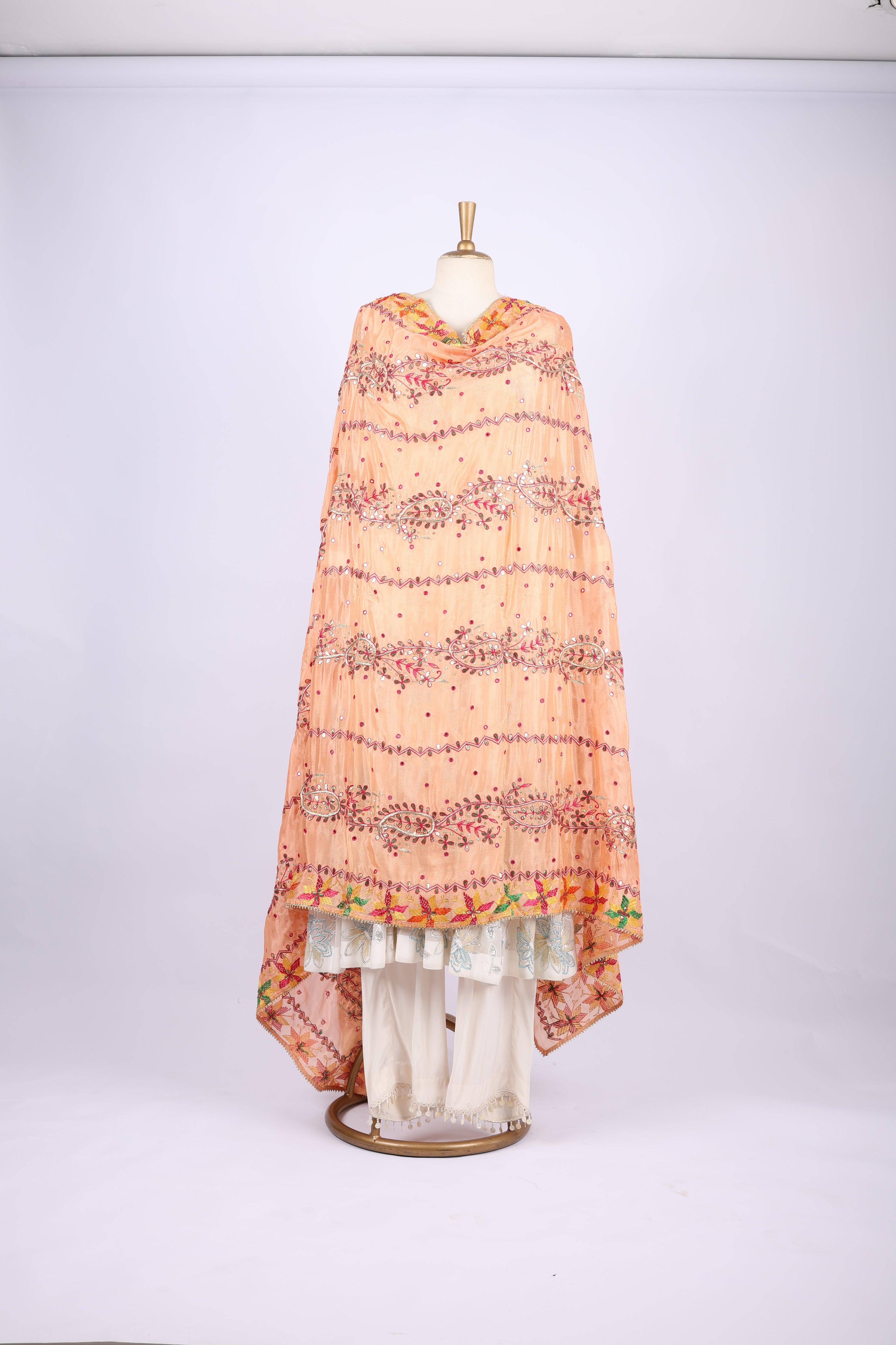 Peach Phulkari Dupatta with Multicolor Embroidery