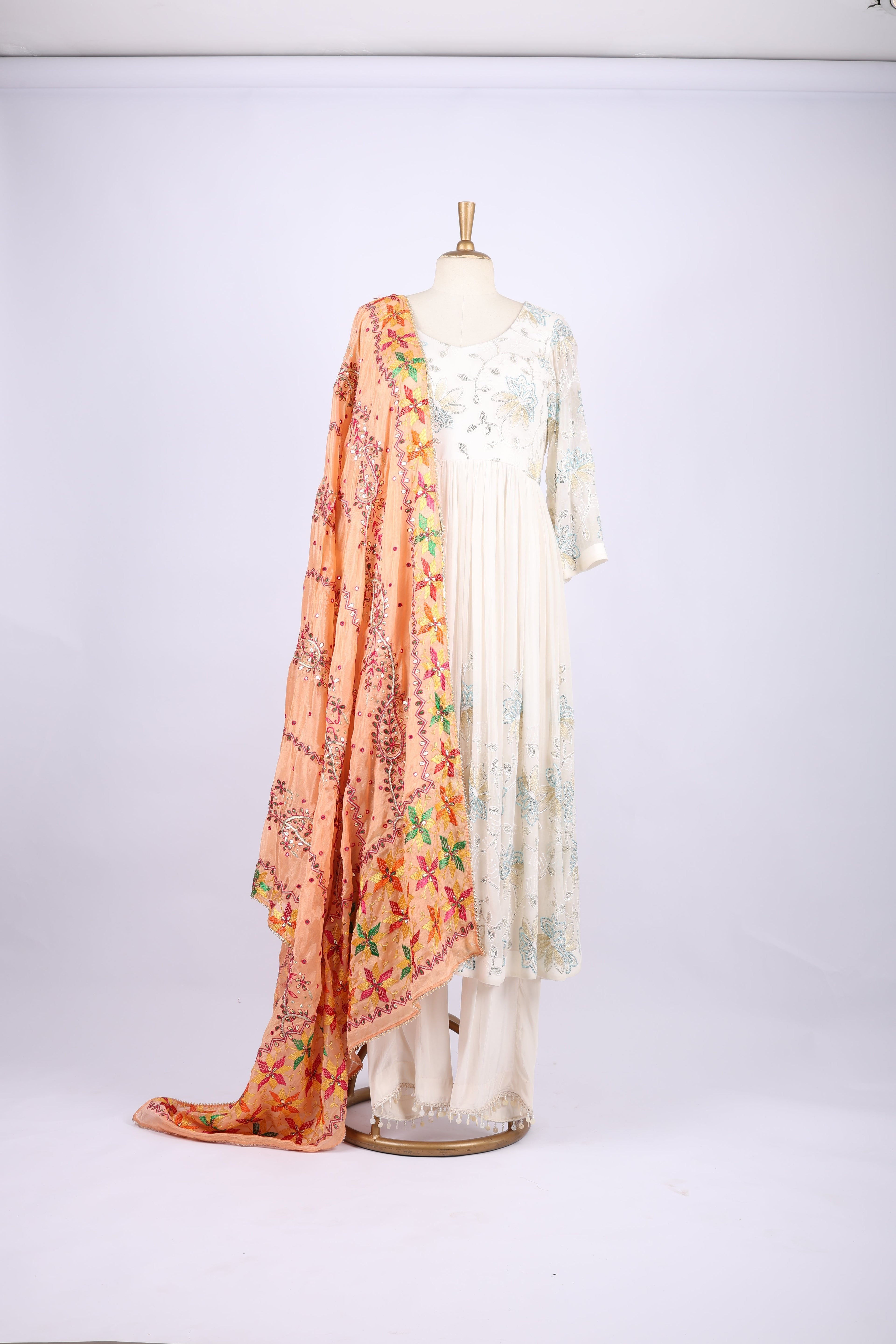 Peach Phulkari Dupatta with Multicolor Embroidery