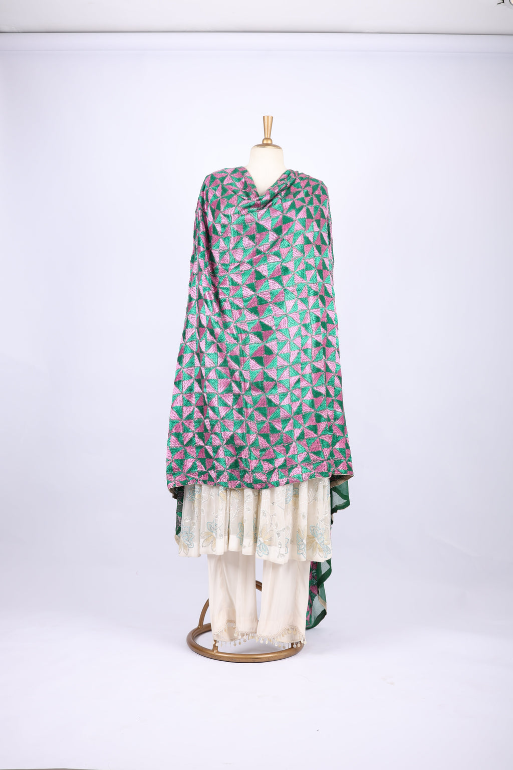 Green & Pink Phulkari Dupatta with Geometric Embroidery