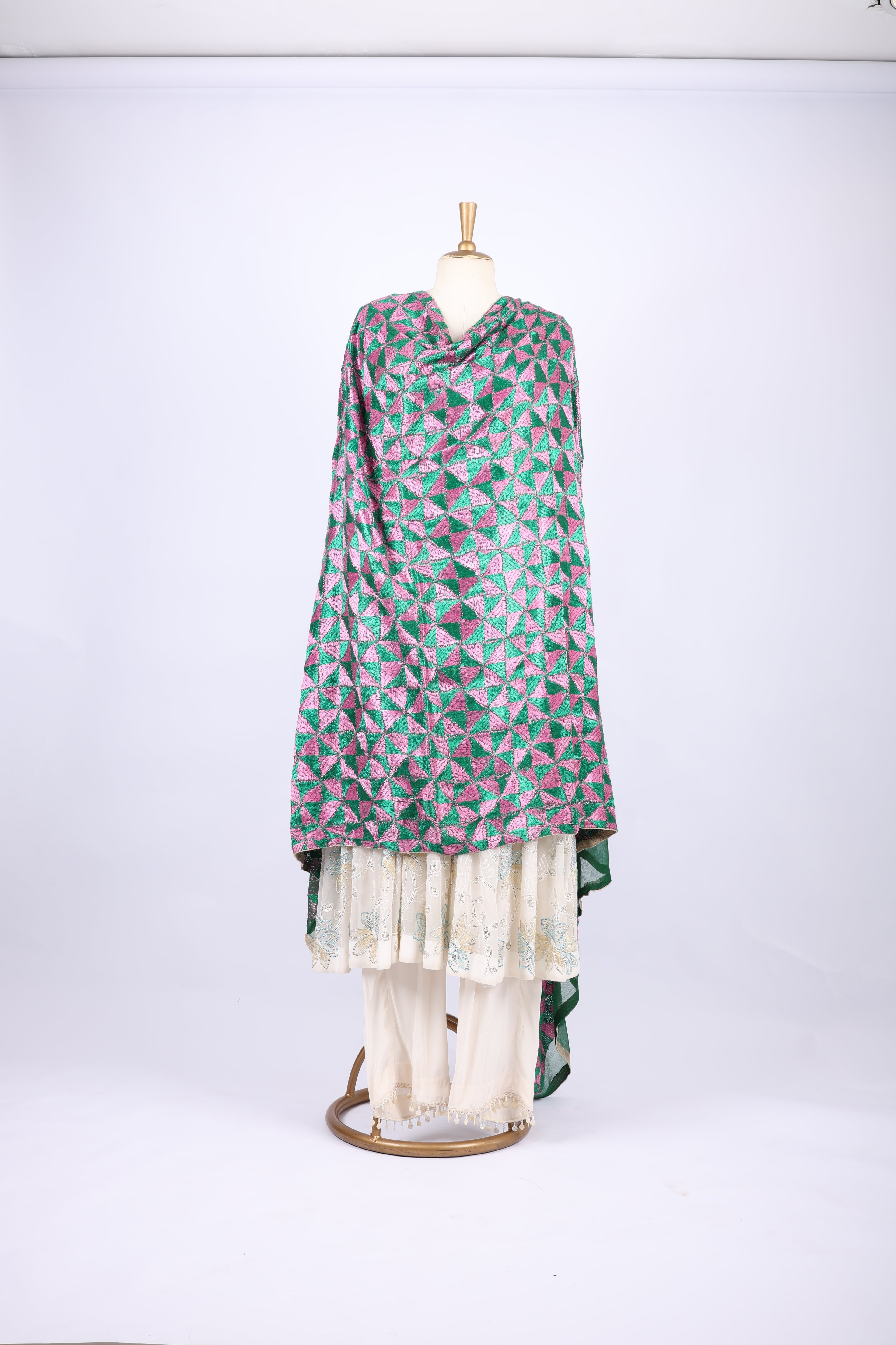 Green & Pink Phulkari Dupatta with Geometric Embroidery