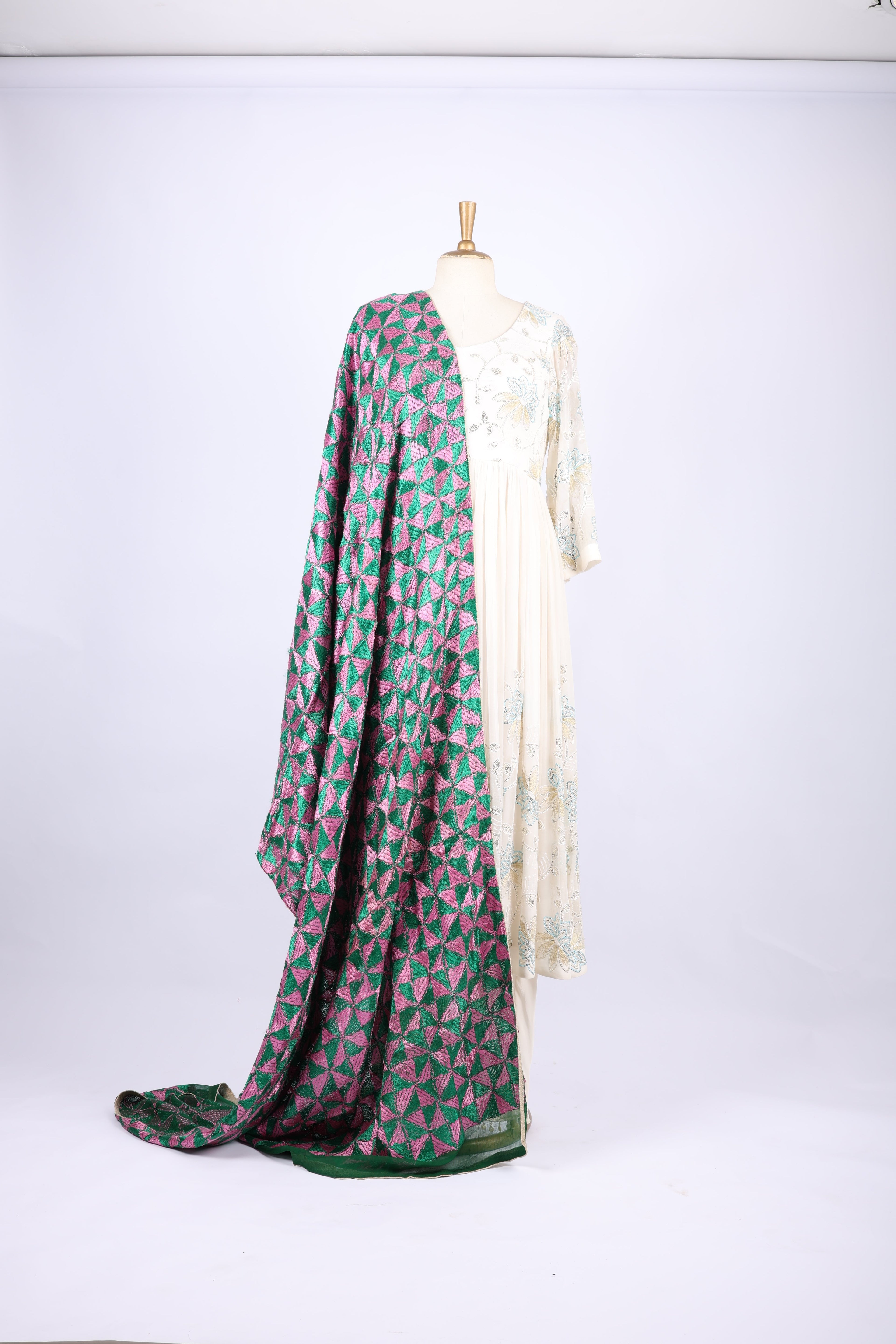Green & Pink Phulkari Dupatta with Geometric Embroidery