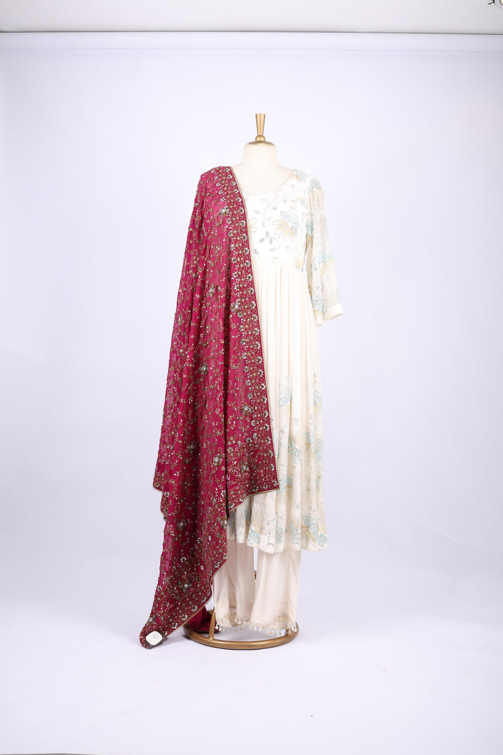 Elegant Ivory Anarkali Set with Heavy Dupatta