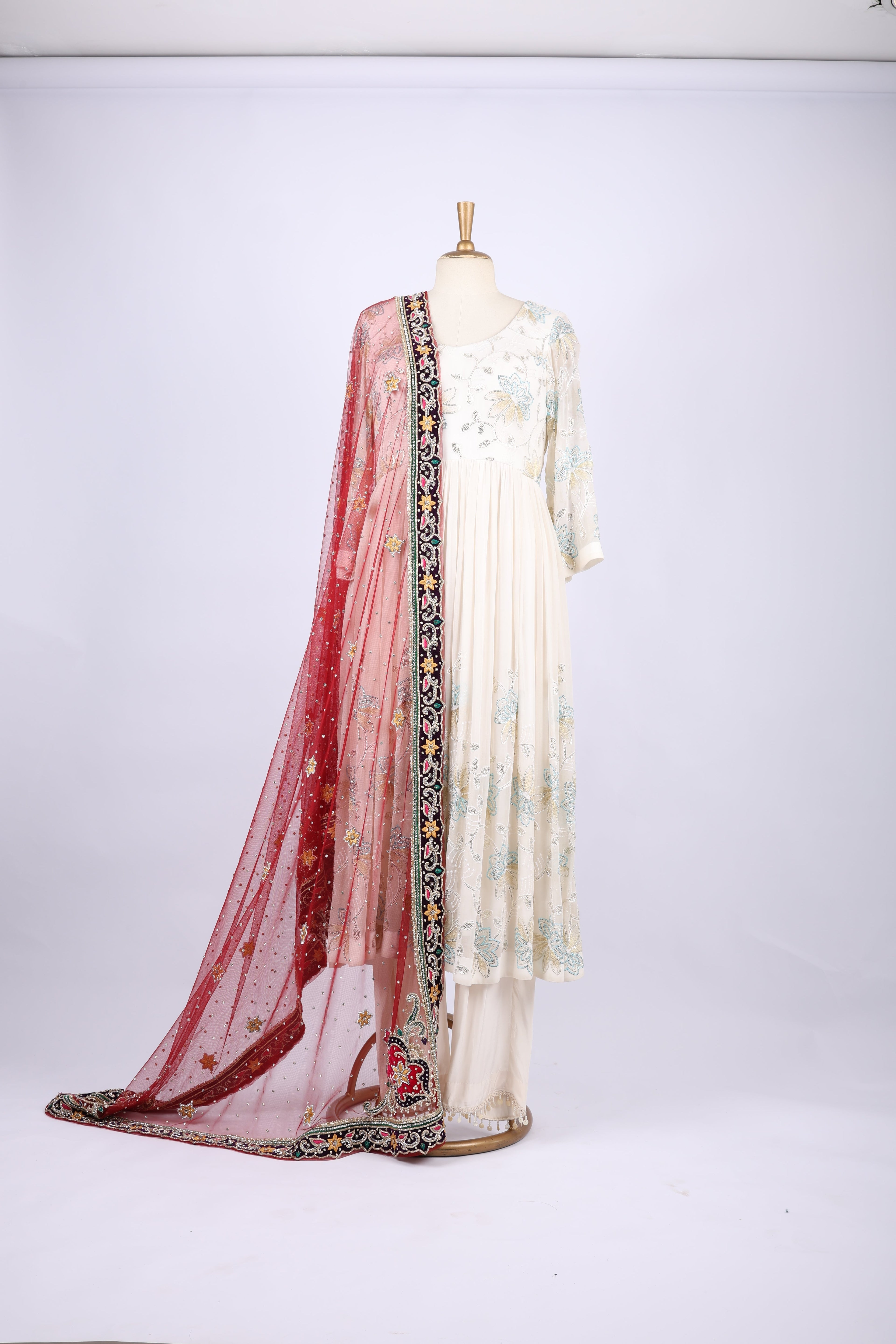 Red Phulkari Dupatta with Multicolor Border Embroidery