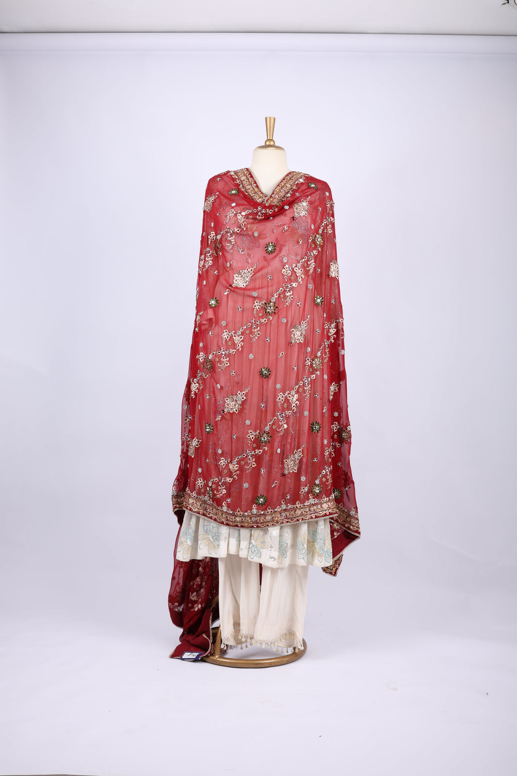 Red Embroidered Net Dupatta with Handcrafted Detailing