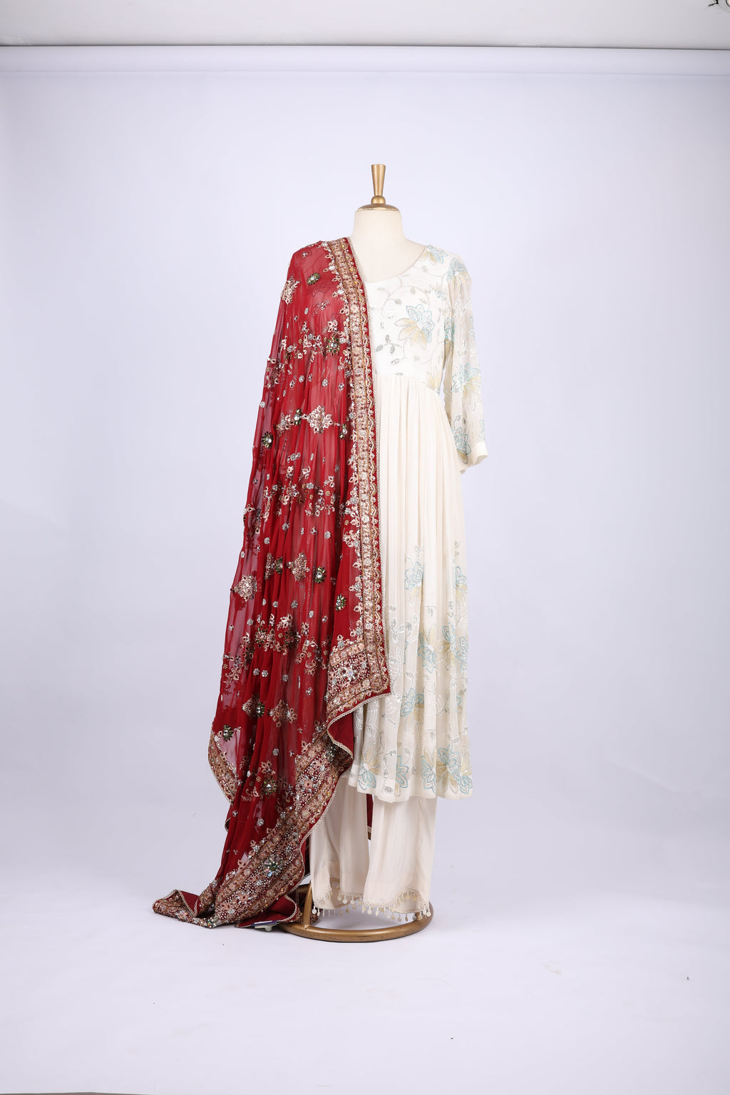 Red Embroidered Net Dupatta with Handcrafted Detailing