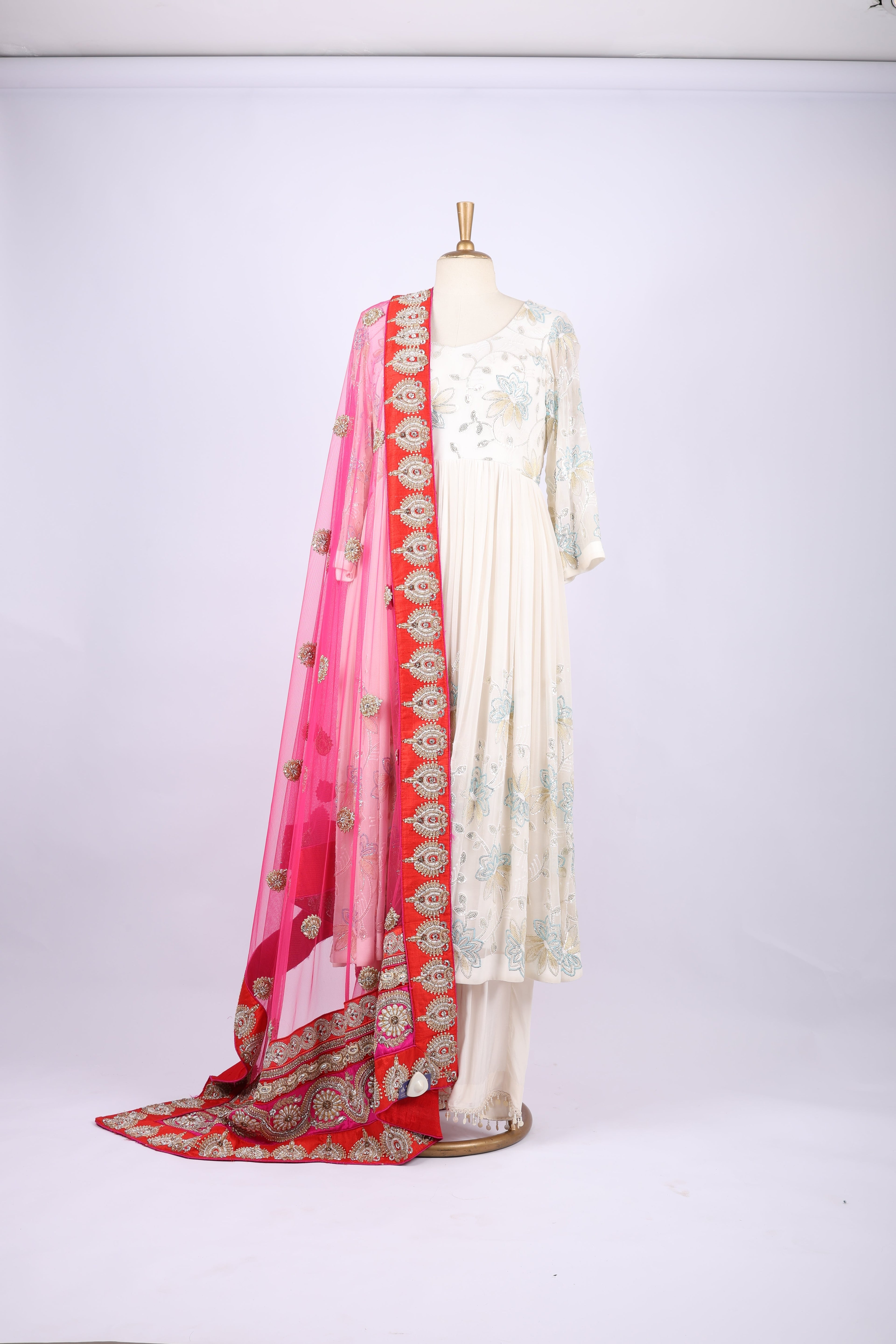 Pink Phulkari Dupatta with Red Border Embroidery