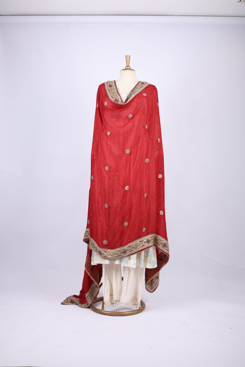 Deep Red Dupatta with Golden Zari Embroidery