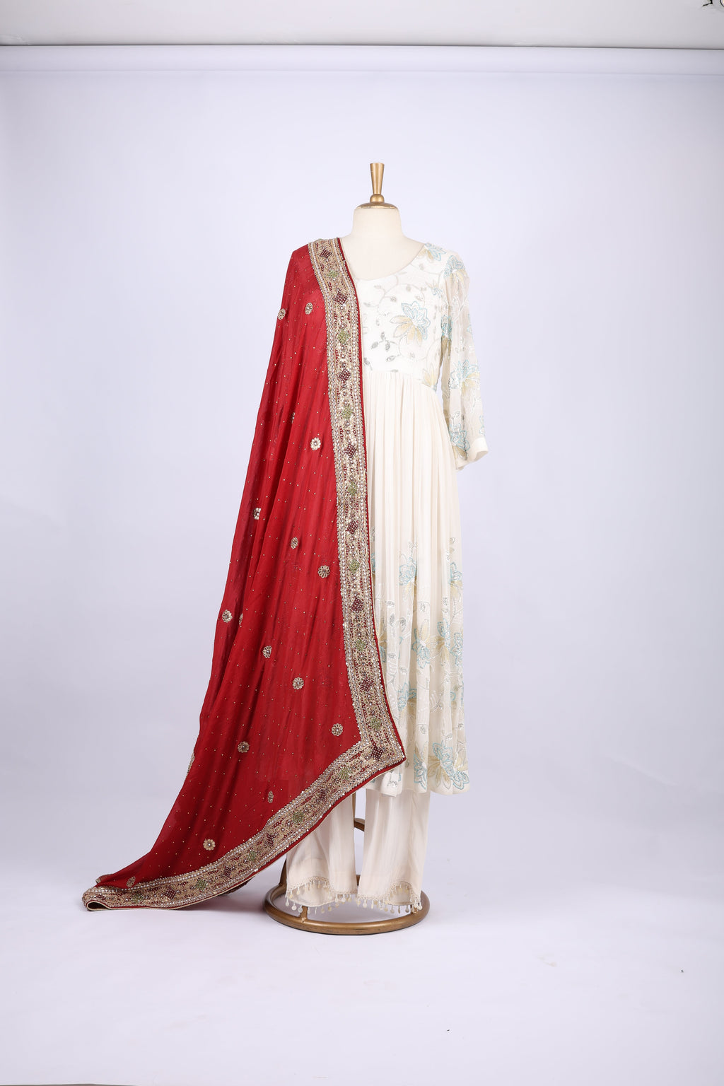 Deep Red Dupatta with Golden Zari Embroidery