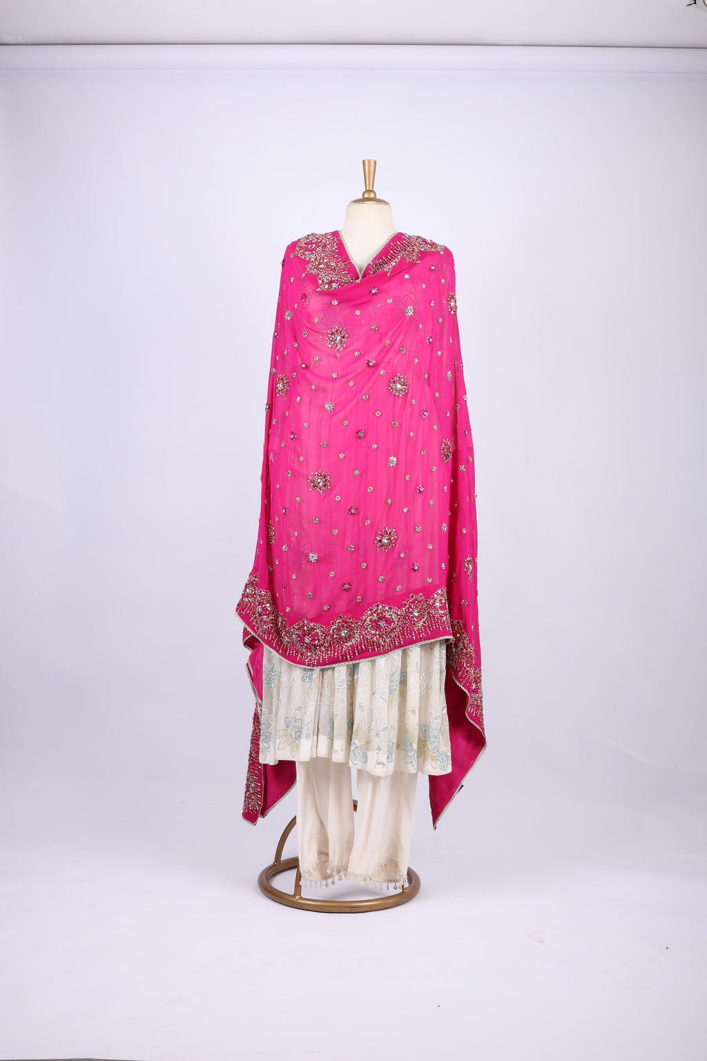 Fuchsia Pink Dupatta with Heavy Hand Embroidery