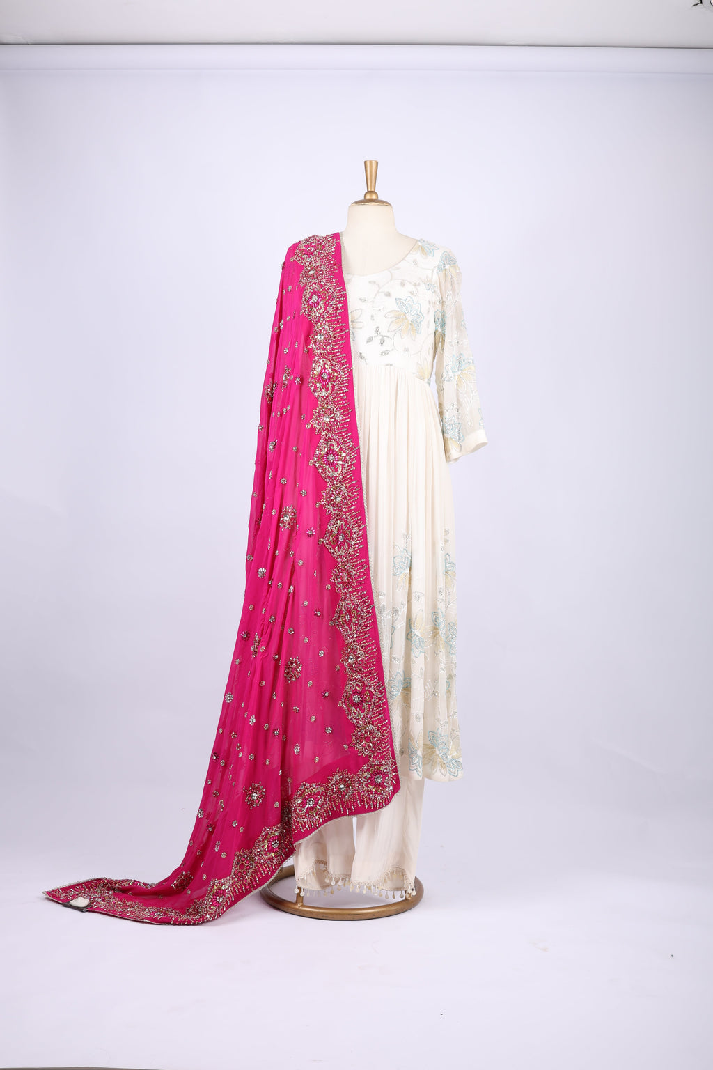 Fuchsia Pink Dupatta with Heavy Hand Embroidery