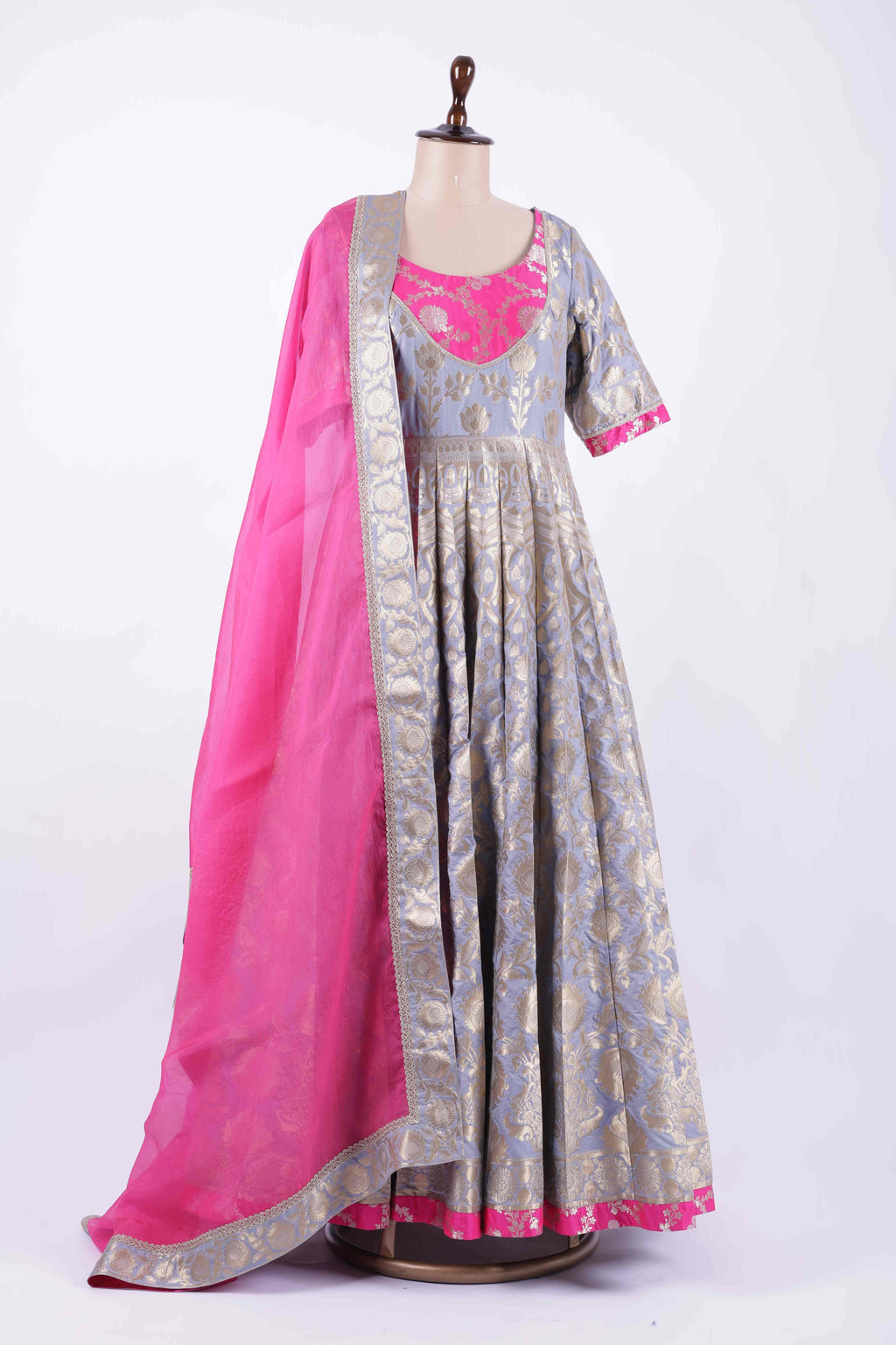 Grey &amp; Gold with Fuchsia Pink  Anarkali suit