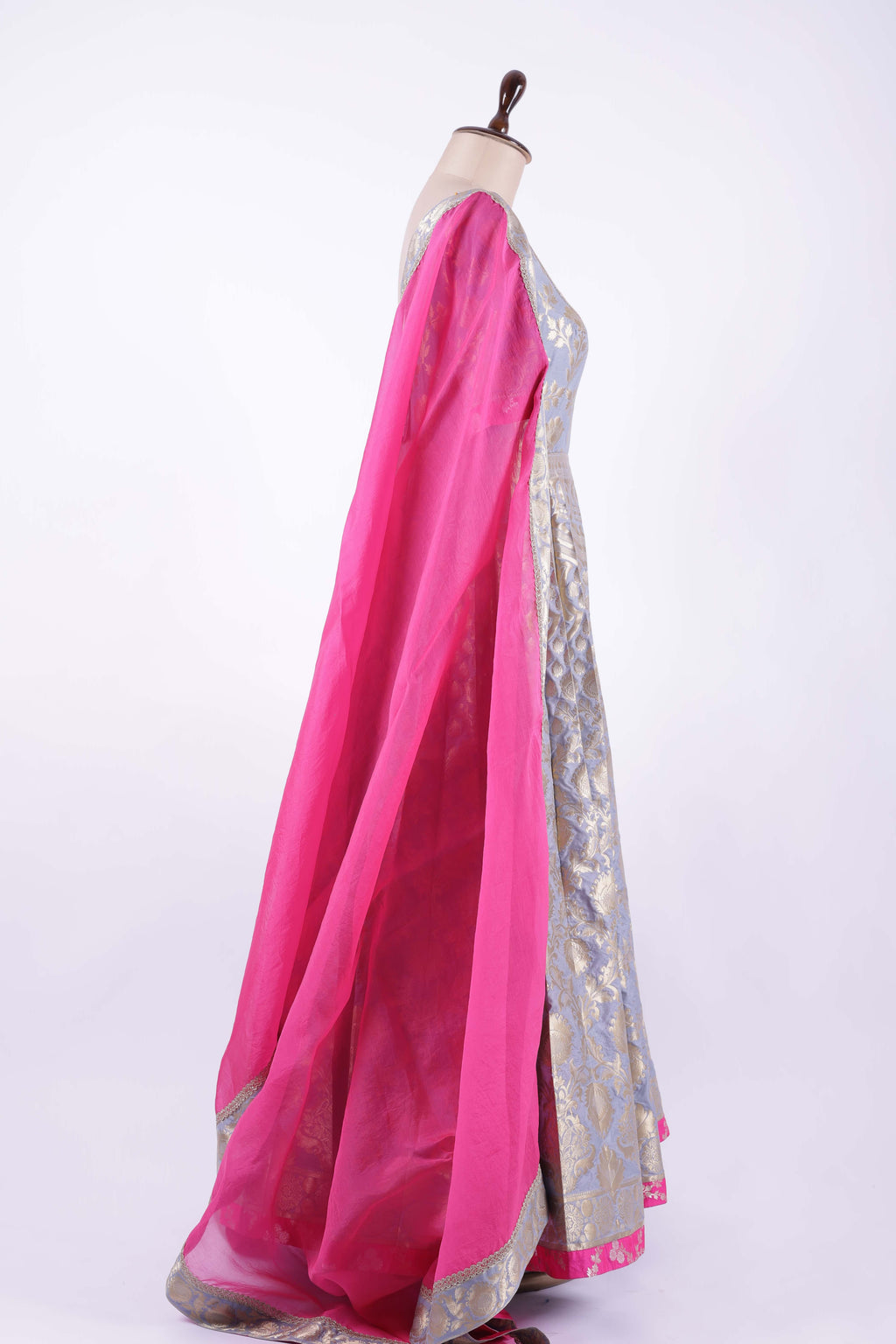 Grey &amp; Gold with Fuchsia Pink  Anarkali suit