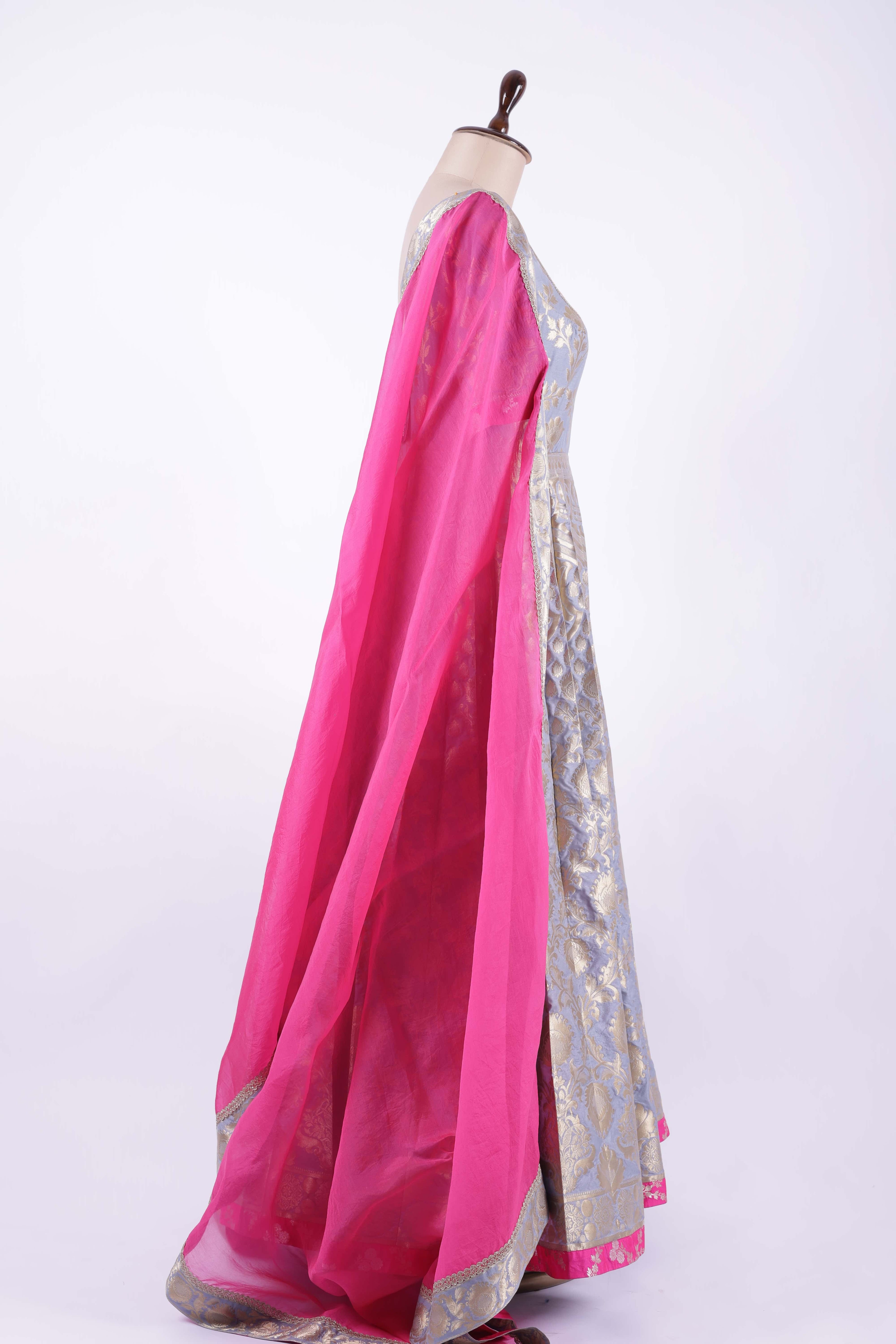 Grey &amp; Gold with Fuchsia Pink  Anarkali suit