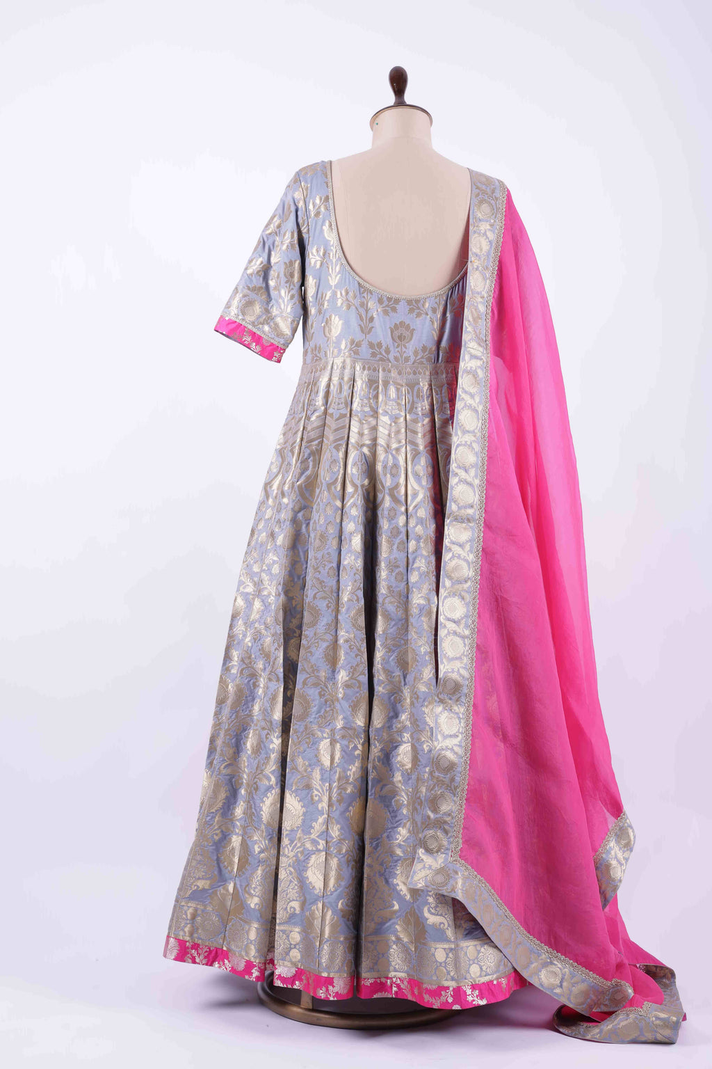 Grey &amp; Gold with Fuchsia Pink  Anarkali suit