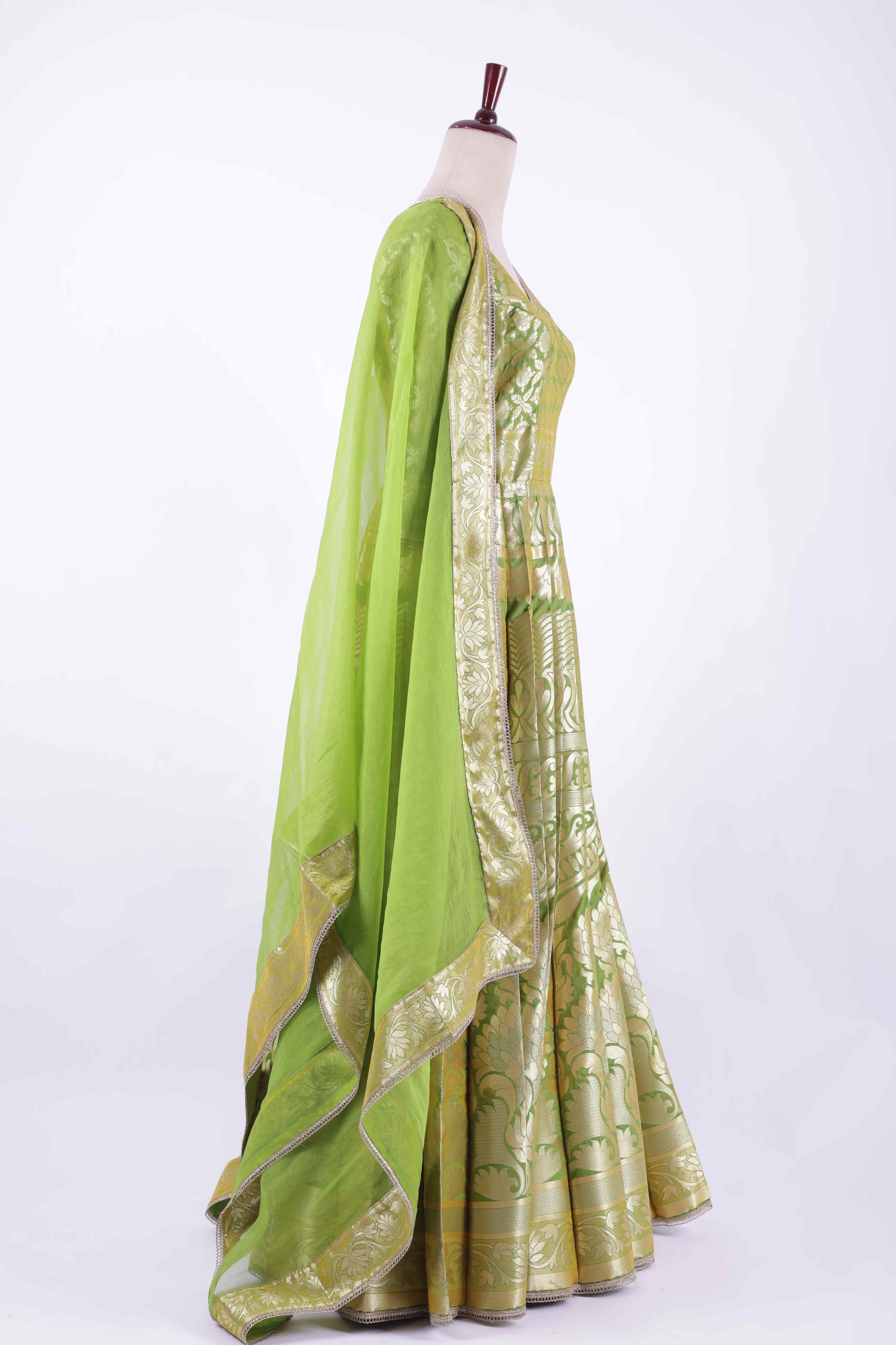 Green with Gold Zari Weave Anarkali suit