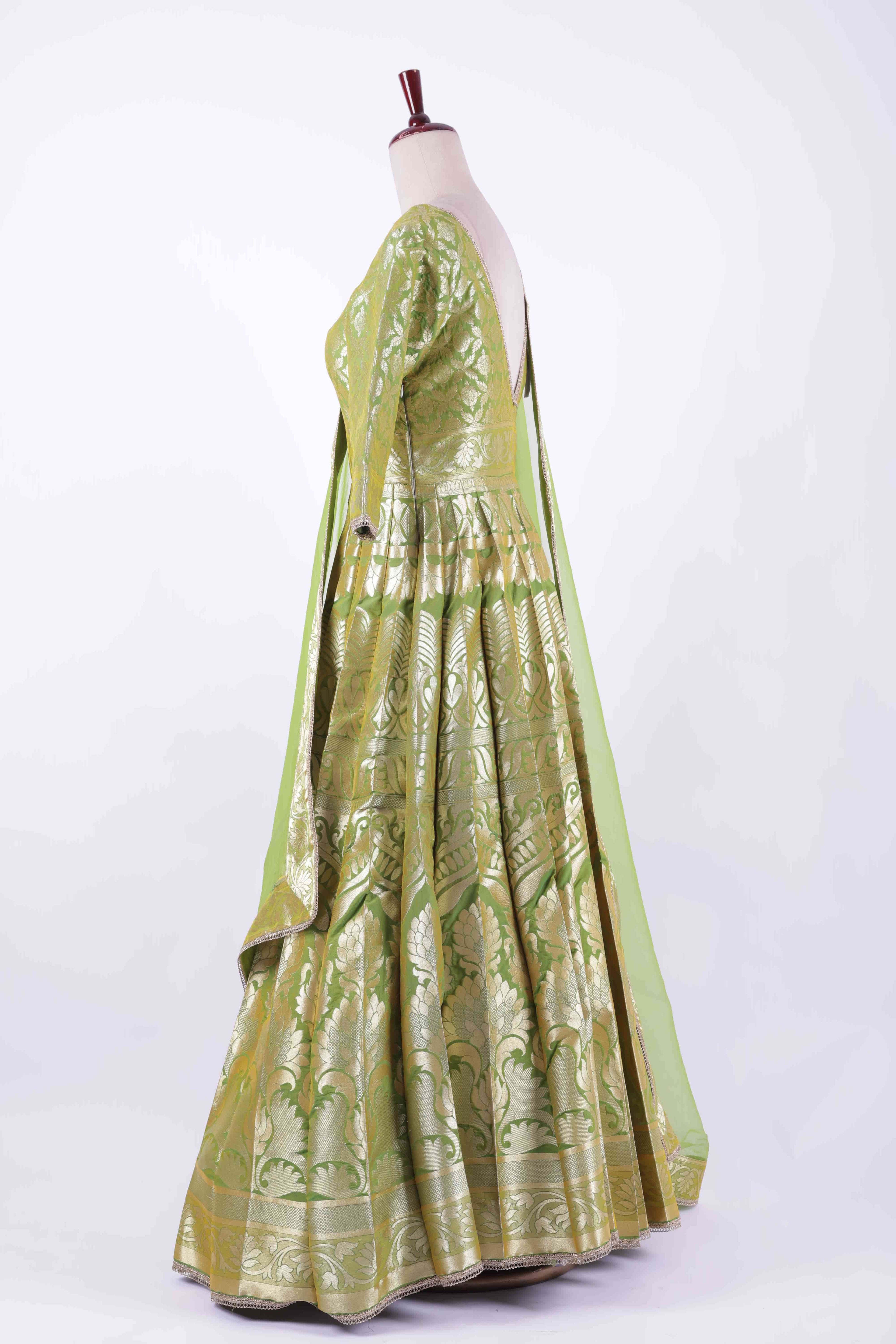 Green with Gold Zari Weave Anarkali suit