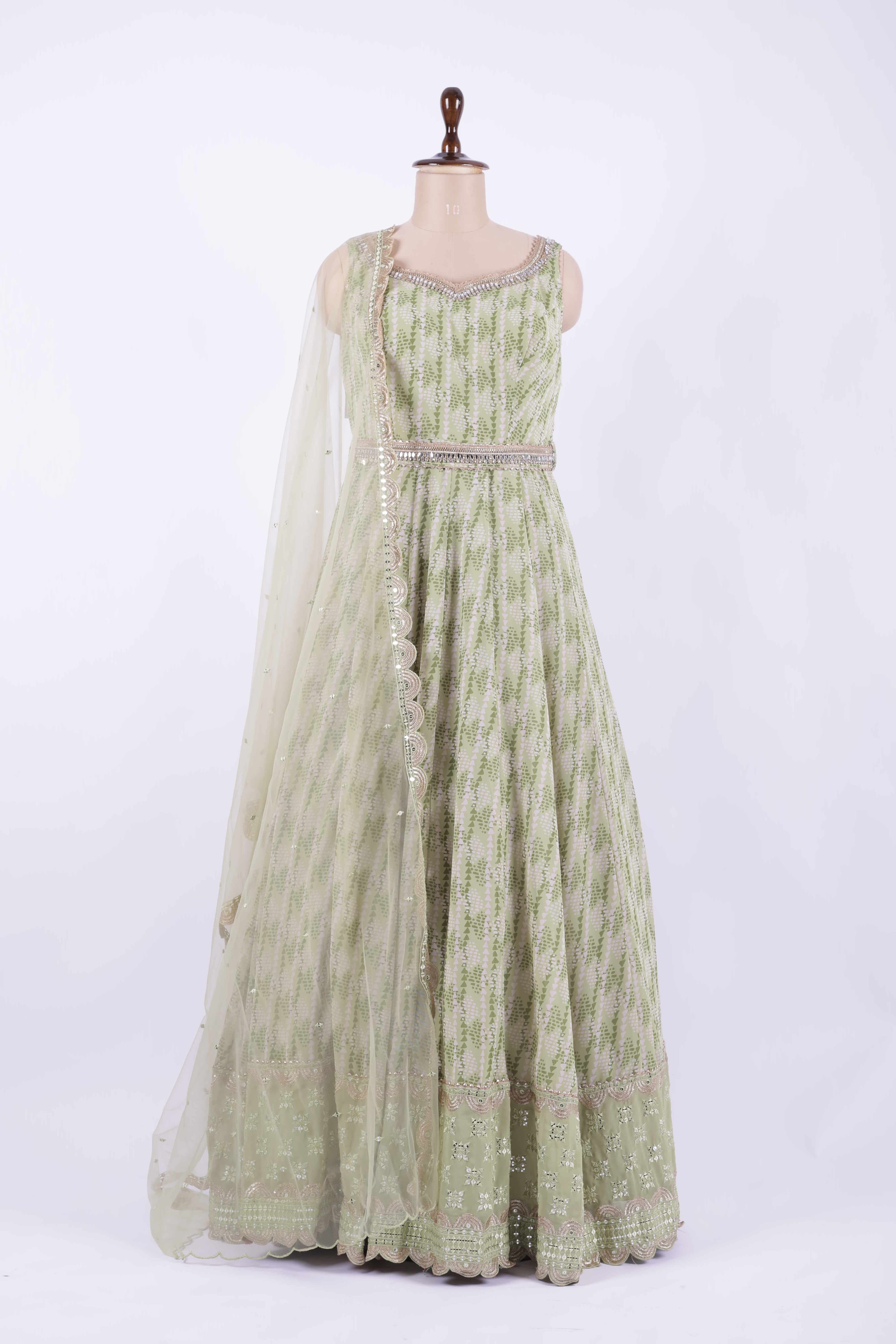Pastel Green Embroidered Georgette Anarkali Gown