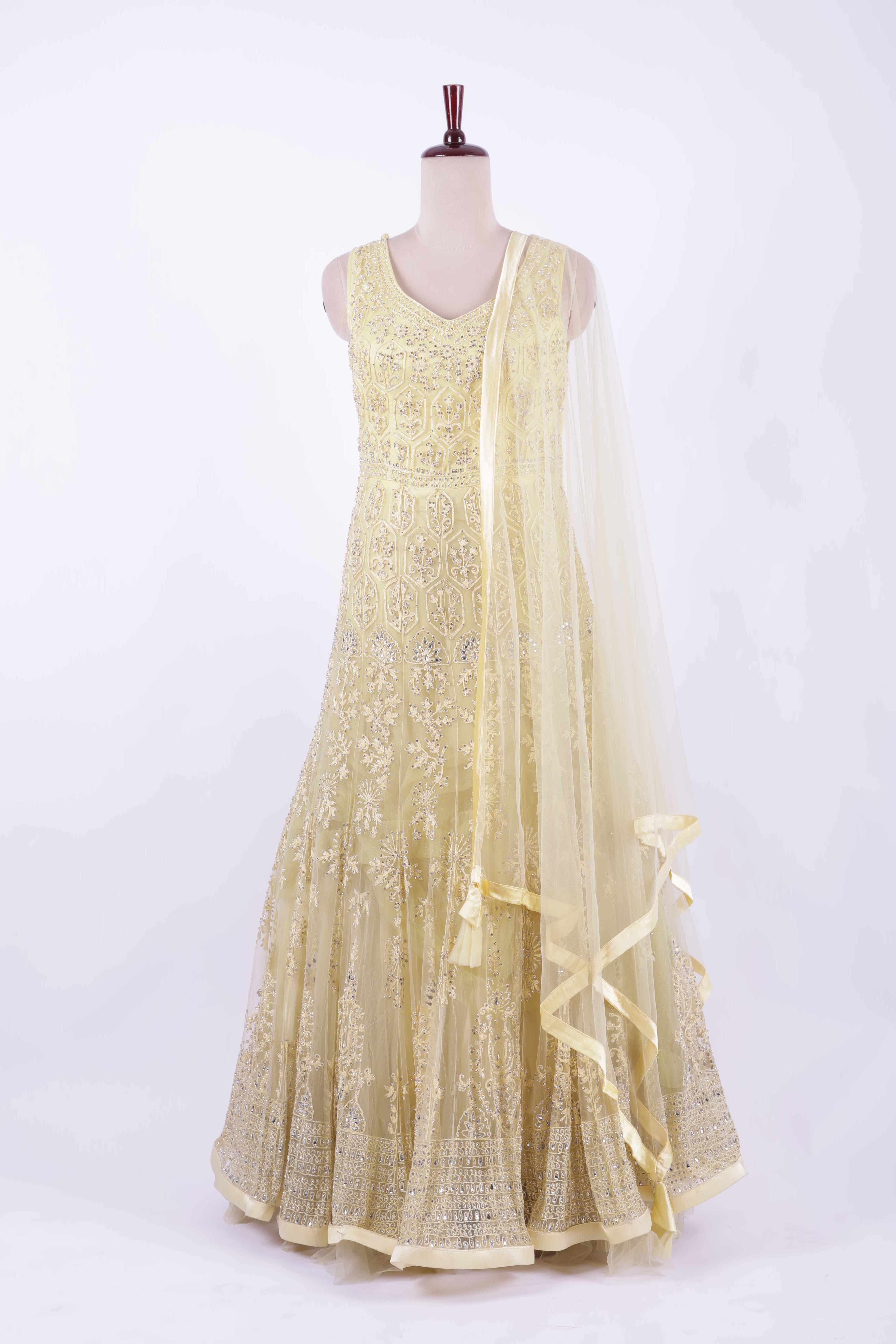 Golden Beige Embroidered Net Anarkali Gown