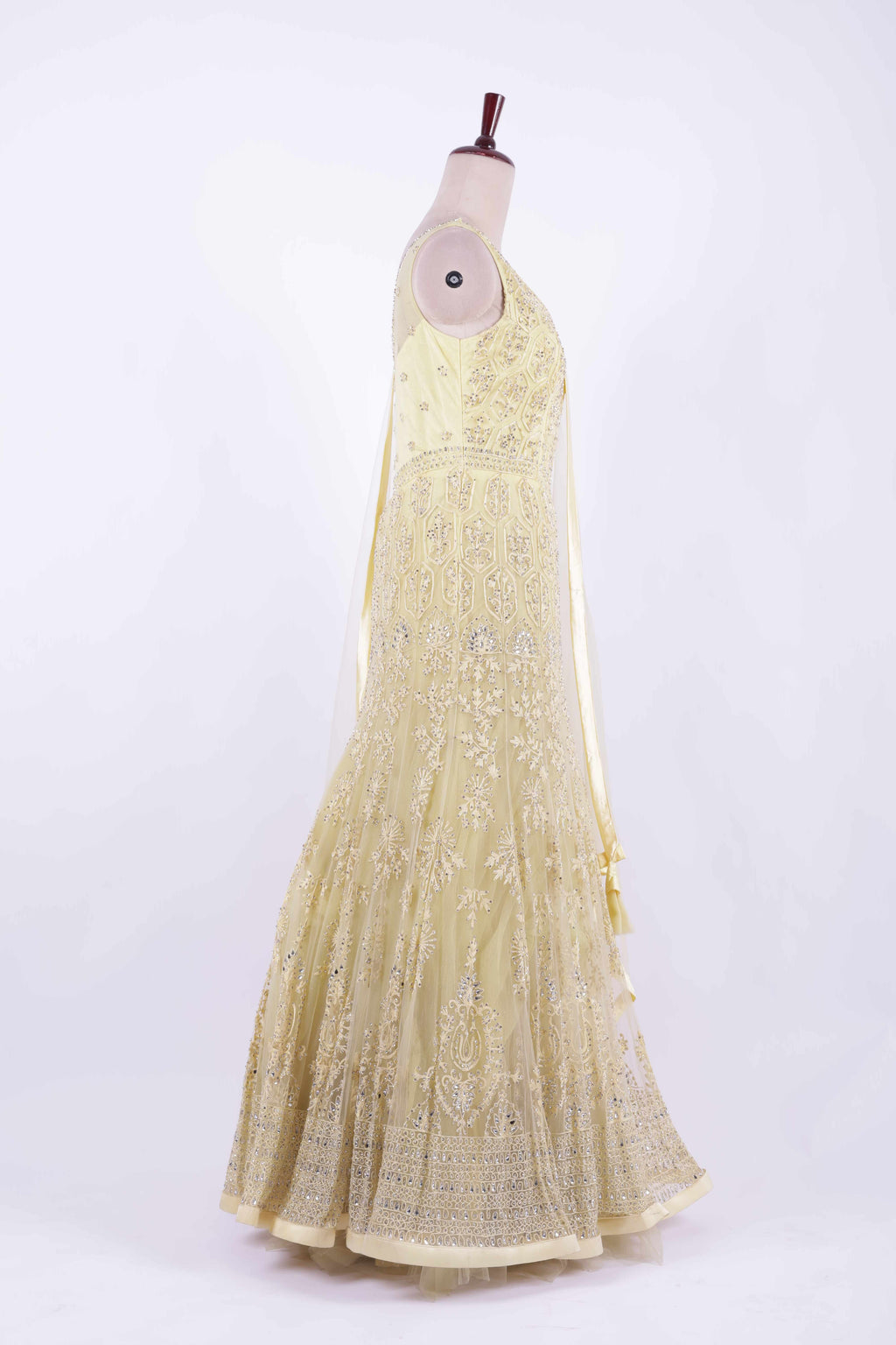 Golden Beige Embroidered Net Anarkali Gown