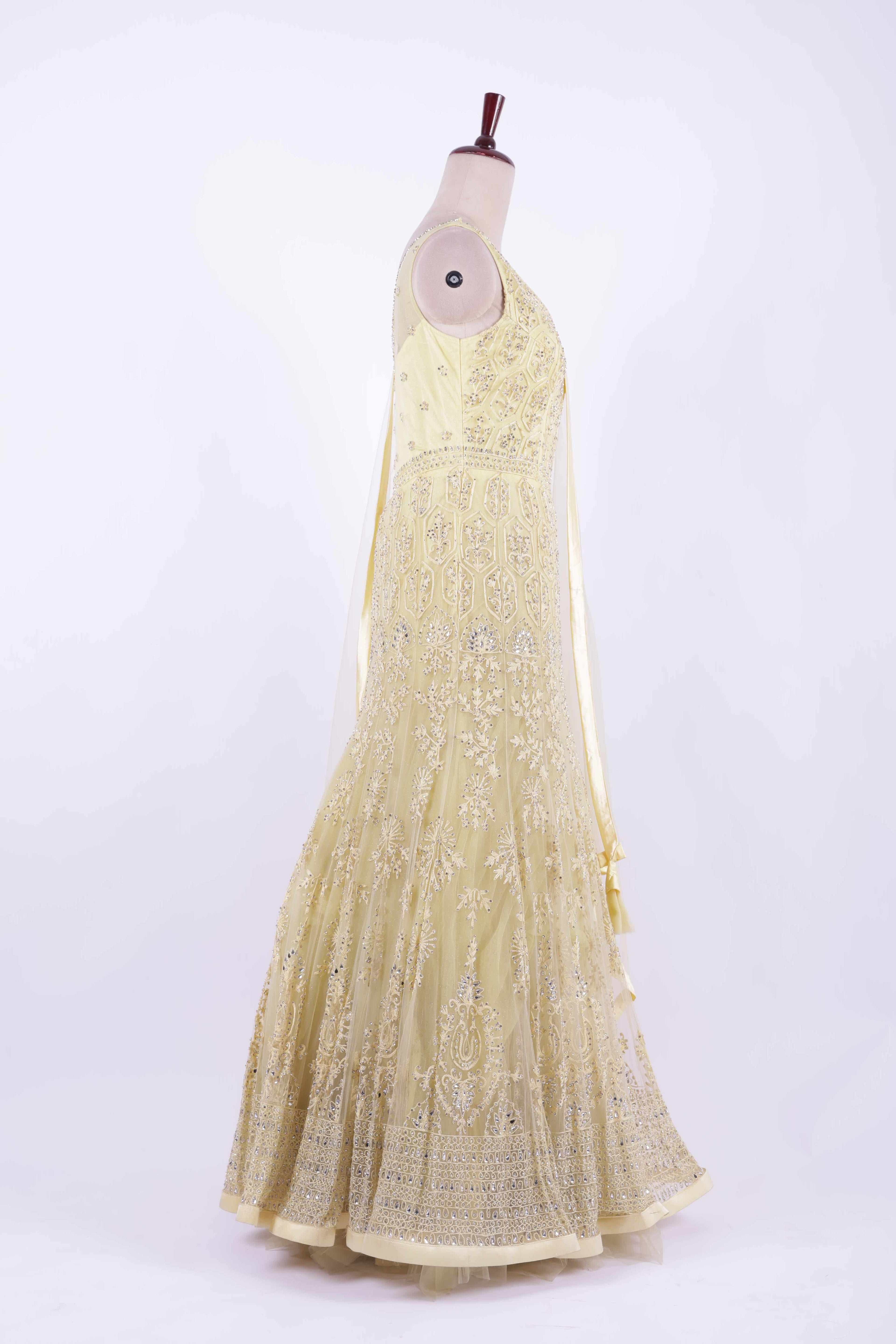 Golden Beige Embroidered Net Anarkali Gown