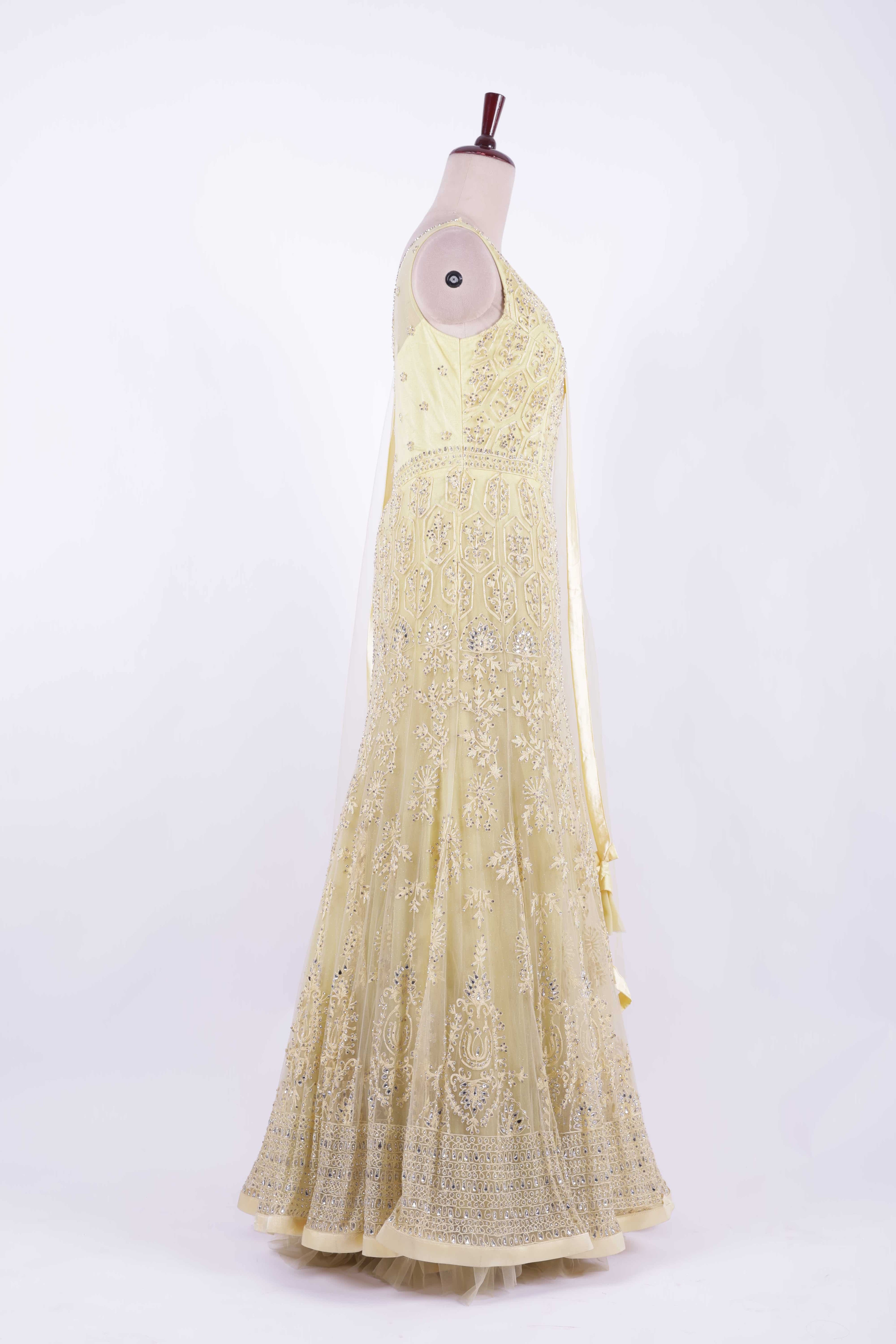Golden Beige Embroidered Net Anarkali Gown
