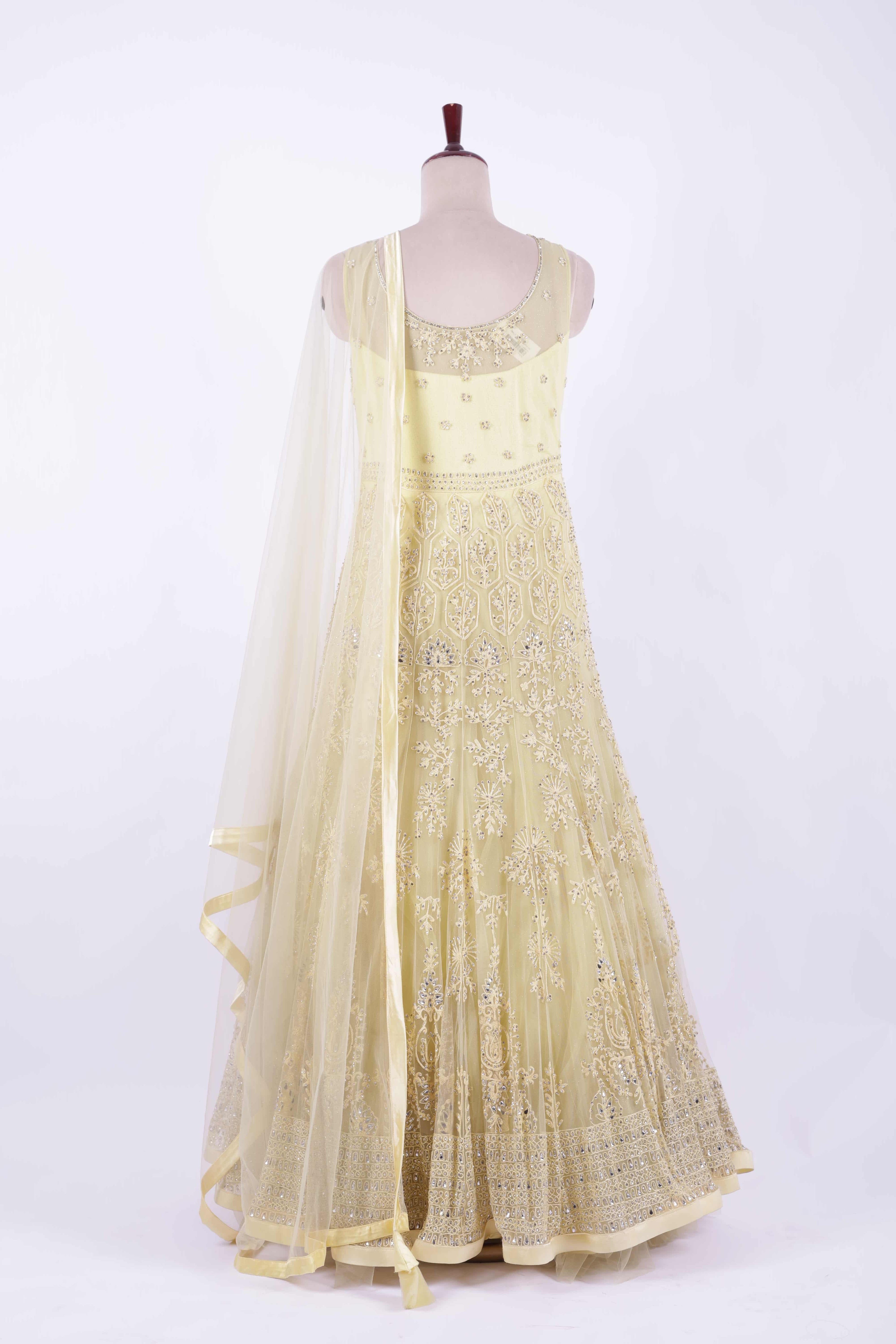 Golden Beige Embroidered Net Anarkali Gown