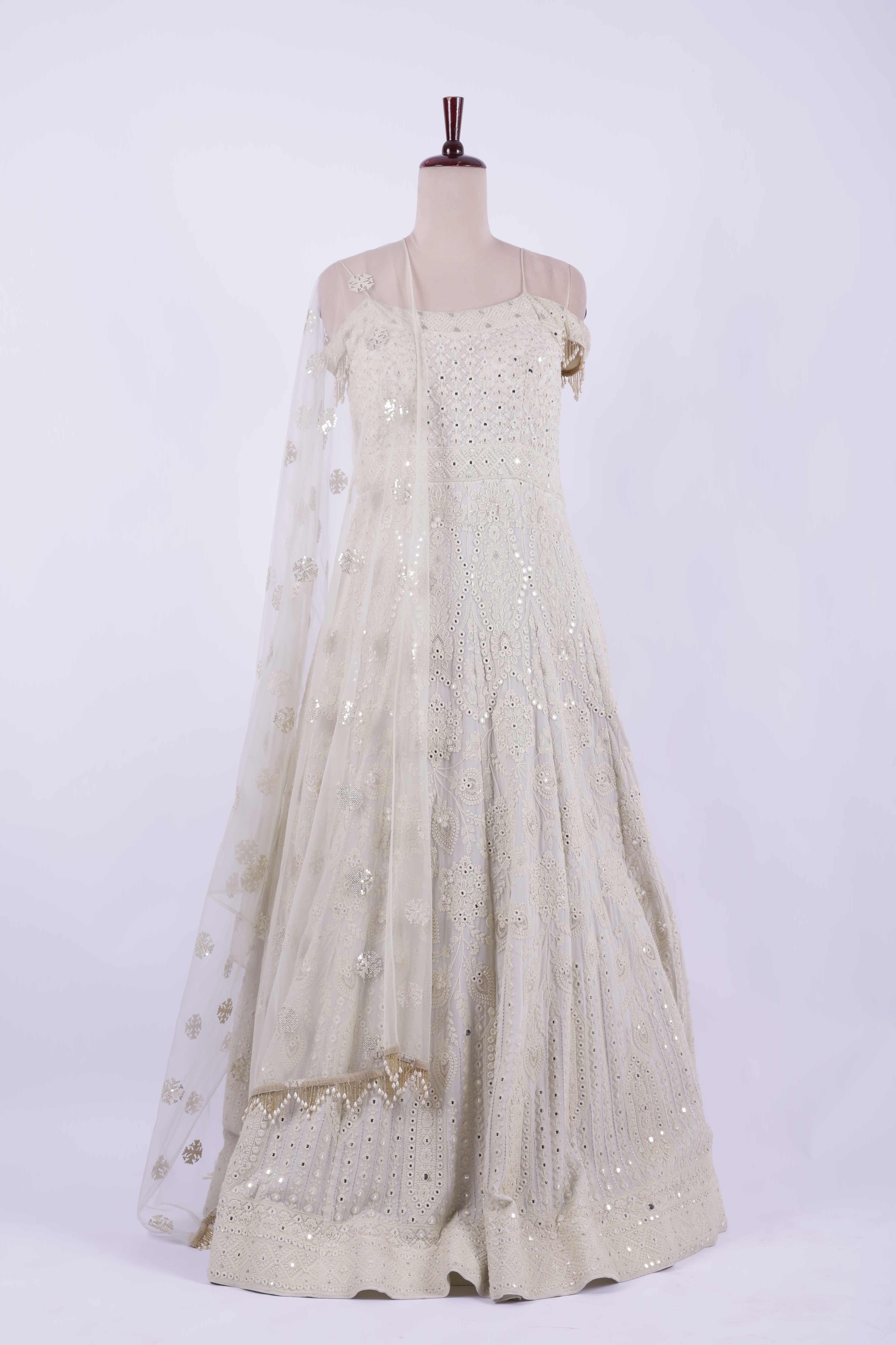 Ivory Gold Embroidered Net Anarkali Gown