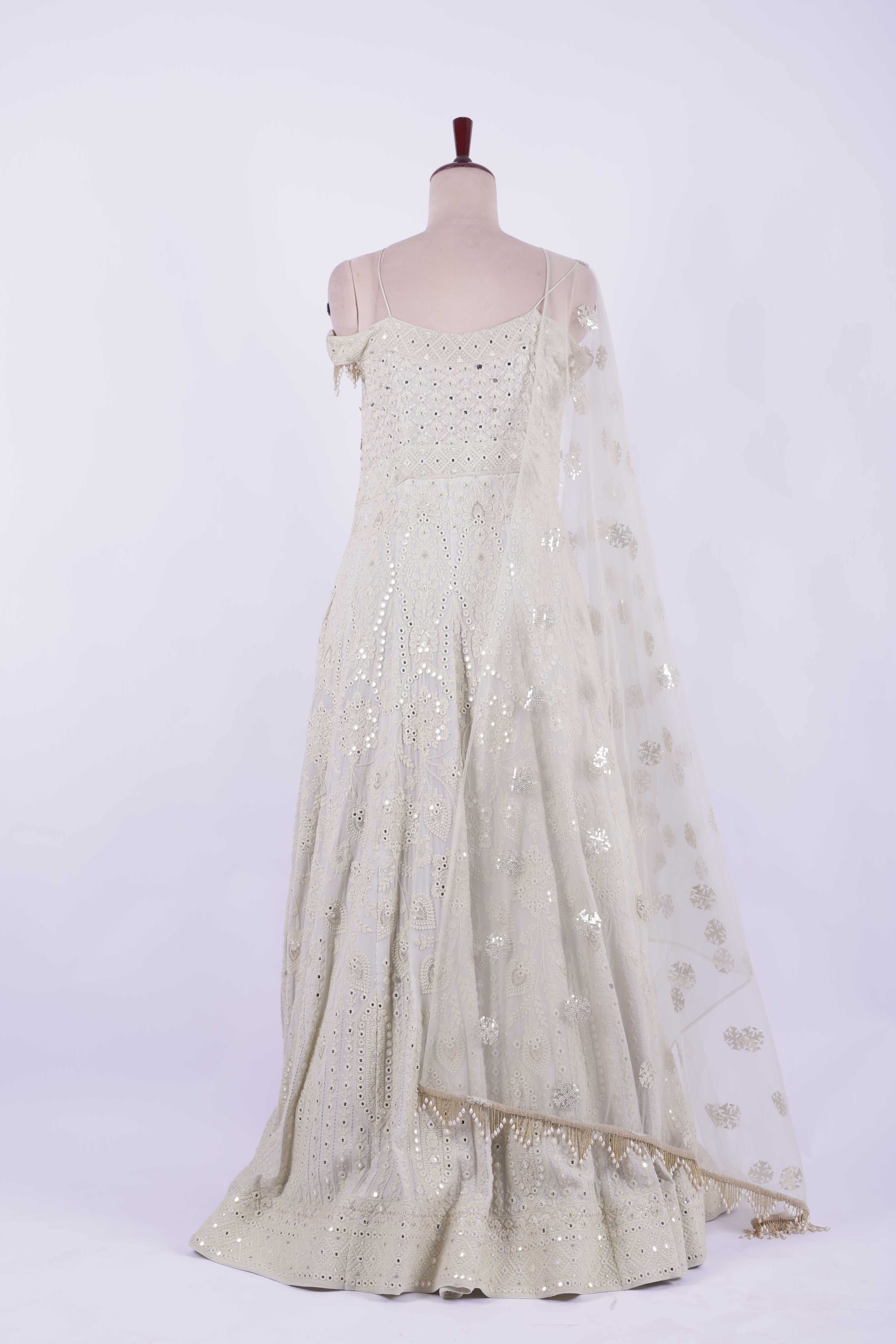 Ivory Gold Embroidered Net Anarkali Gown