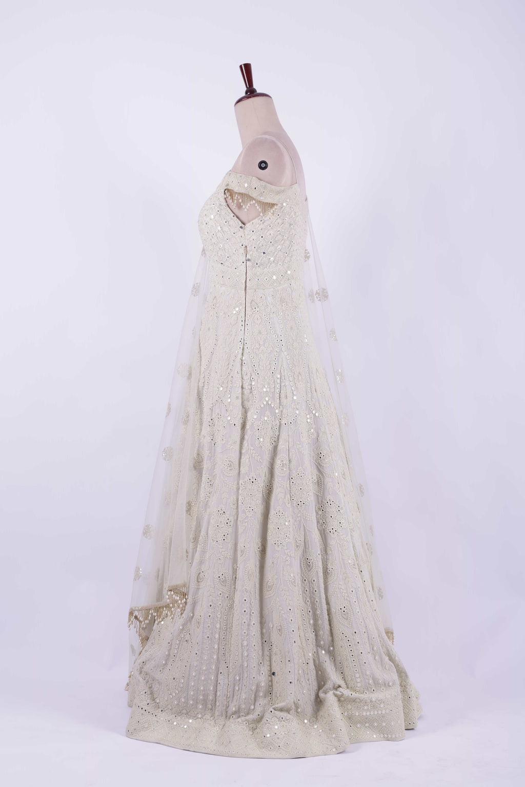 Ivory Gold Embroidered Net Anarkali Gown