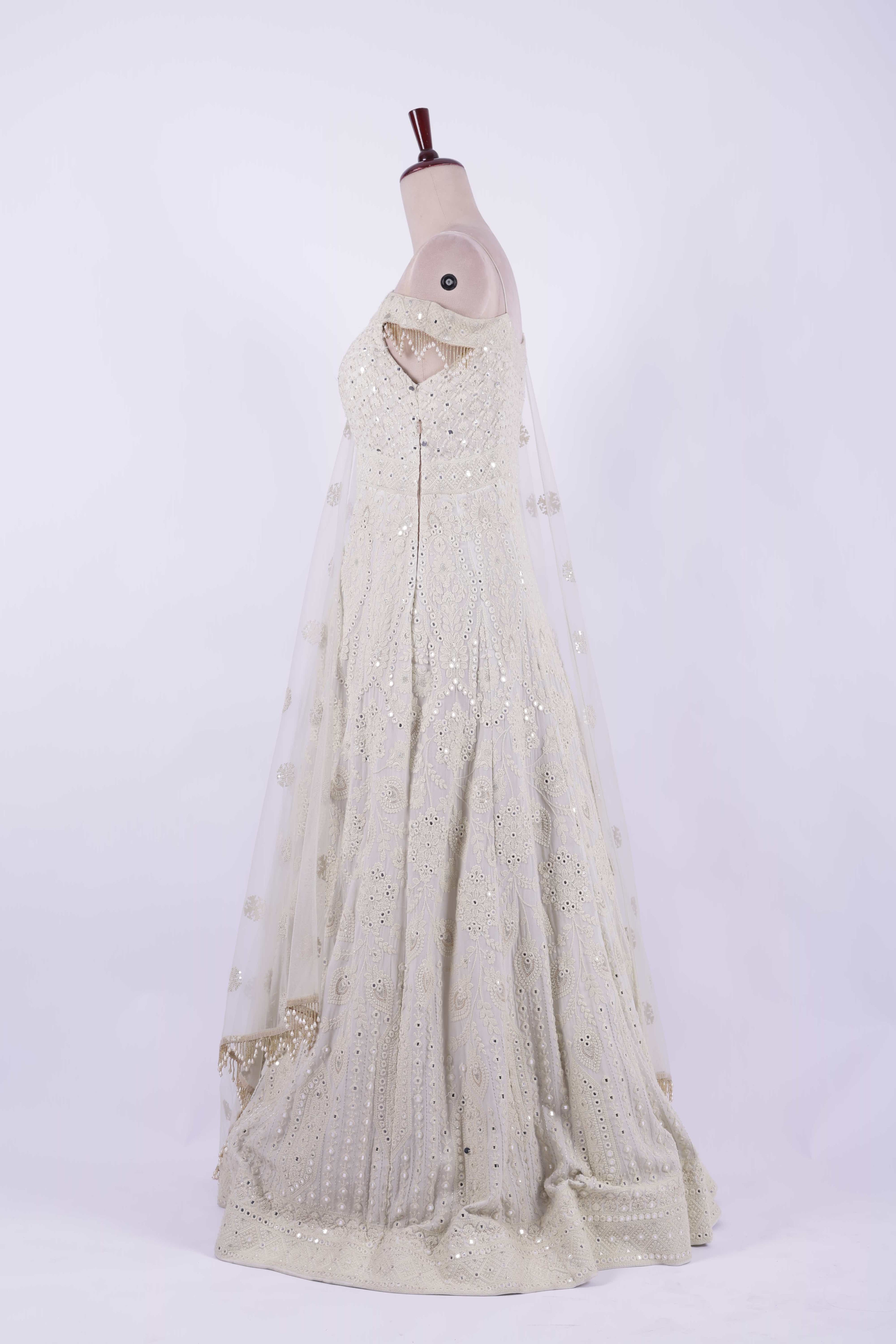 Ivory Gold Embroidered Net Anarkali Gown