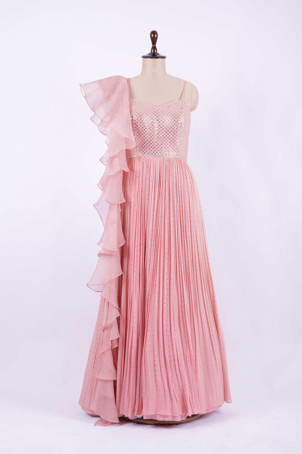 Blush Pink Ruffled Georgette Embroidered Gown