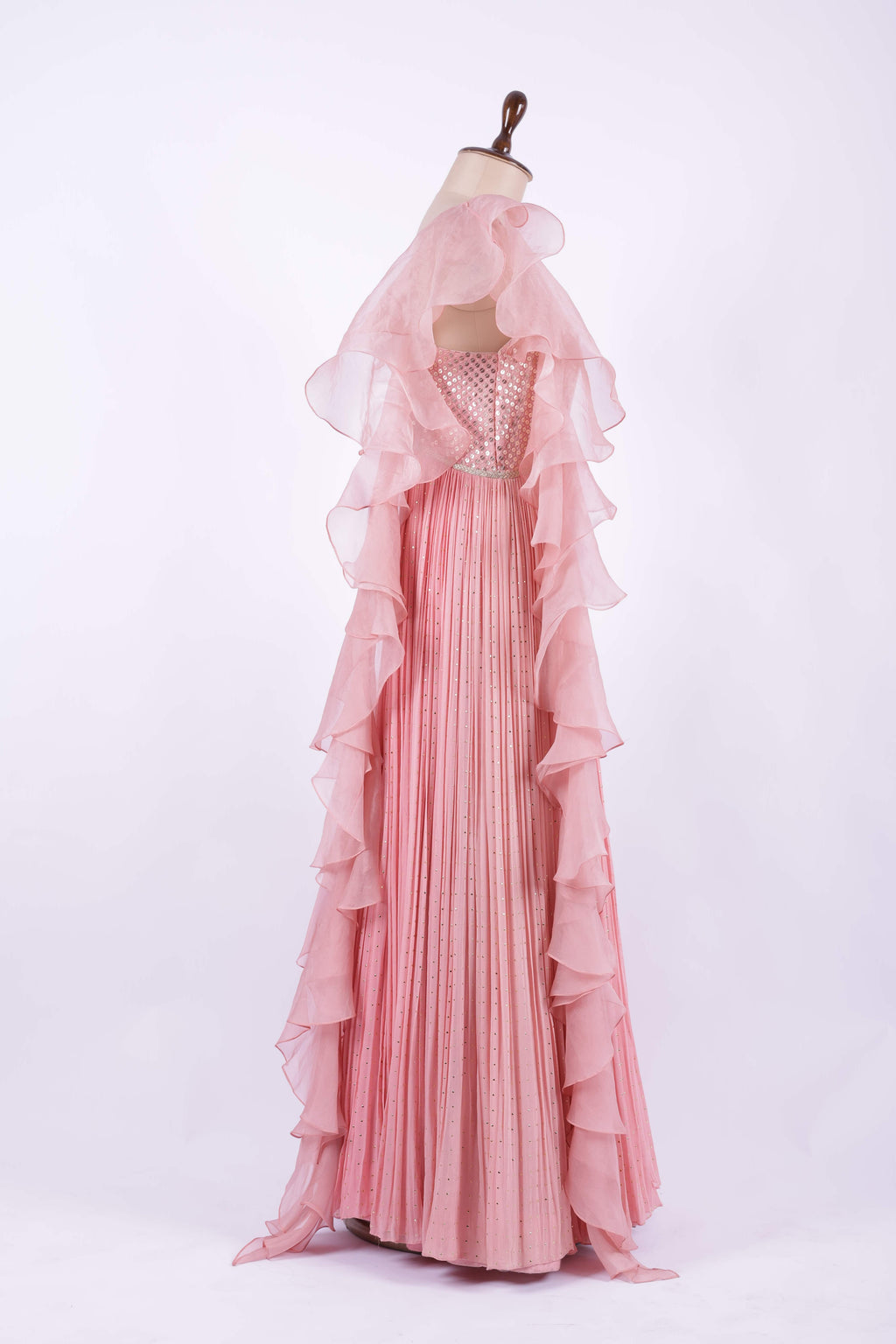 Blush Pink Ruffled Georgette Embroidered Gown