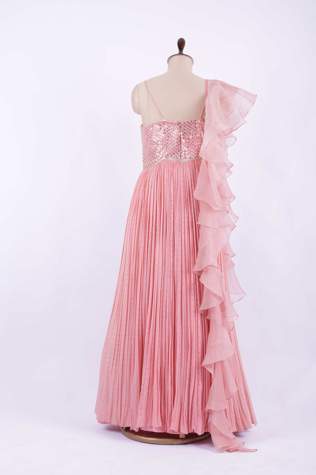 Blush Pink Ruffled Georgette Embroidered Gown
