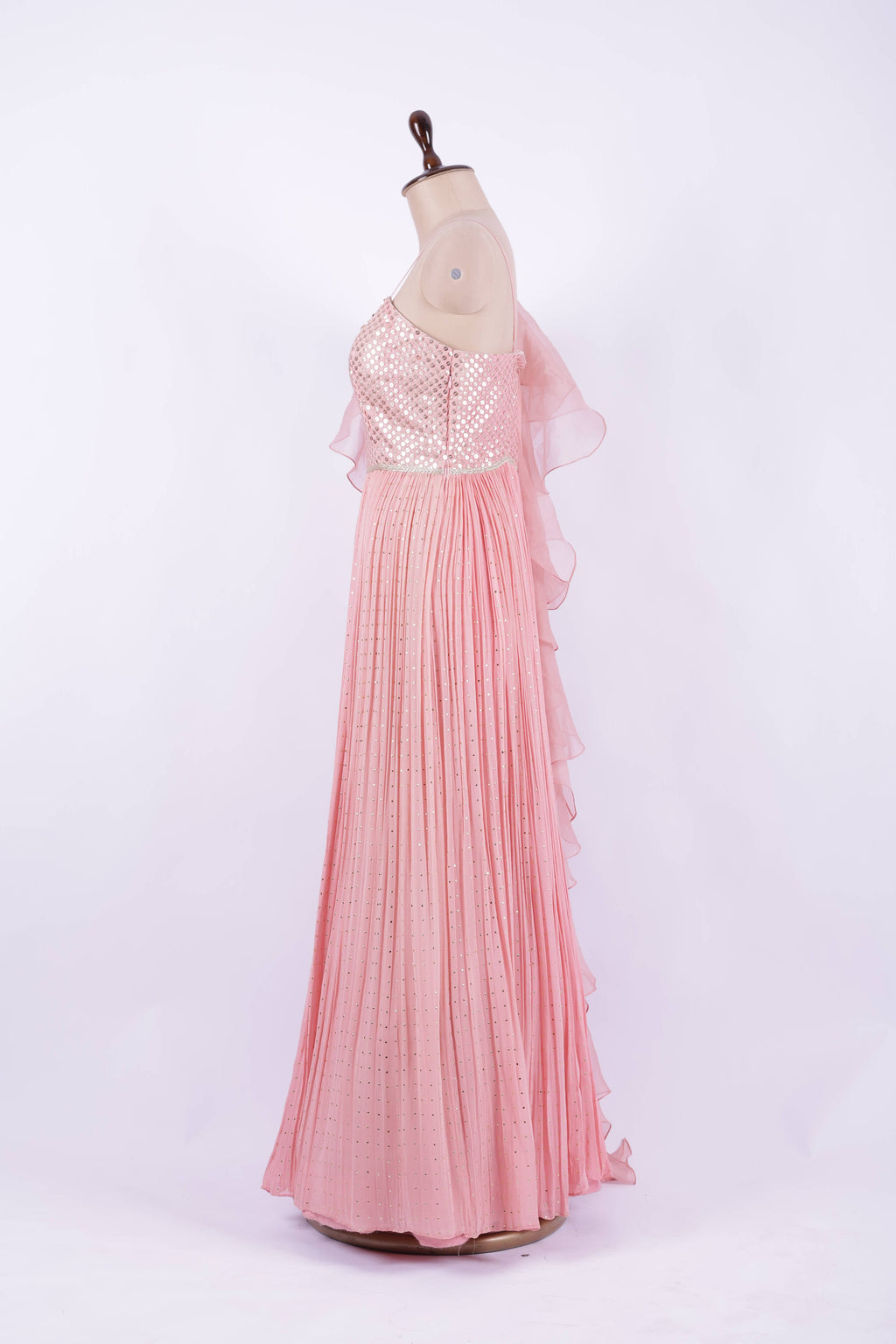 Blush Pink Ruffled Georgette Embroidered Gown