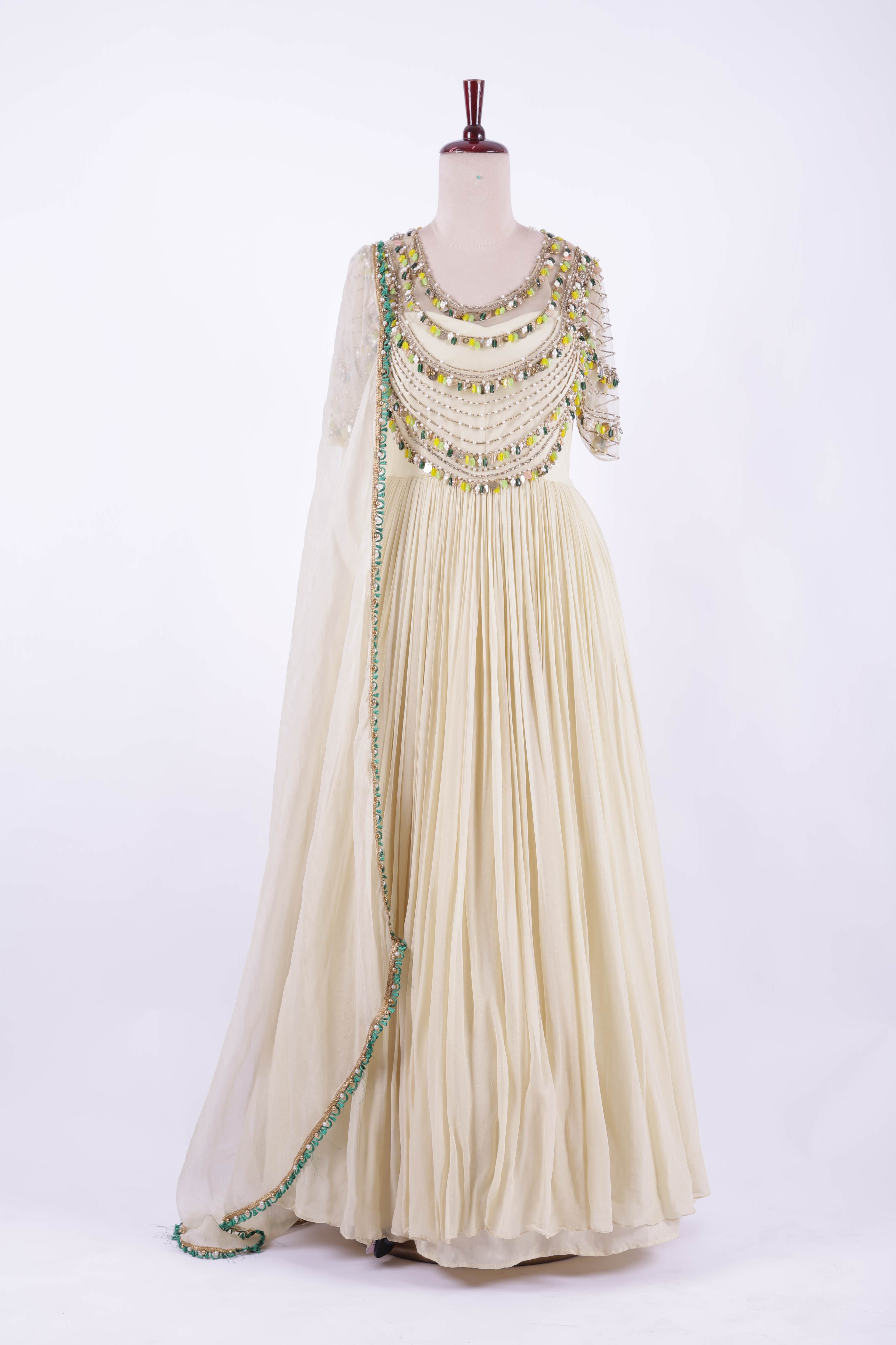 Ivory Mirror Work Georgette Anarkali Gown