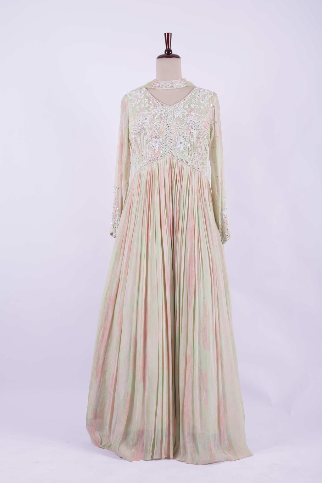 Pastel Peach and Mint Embroidered Georgette Anarkali Gown