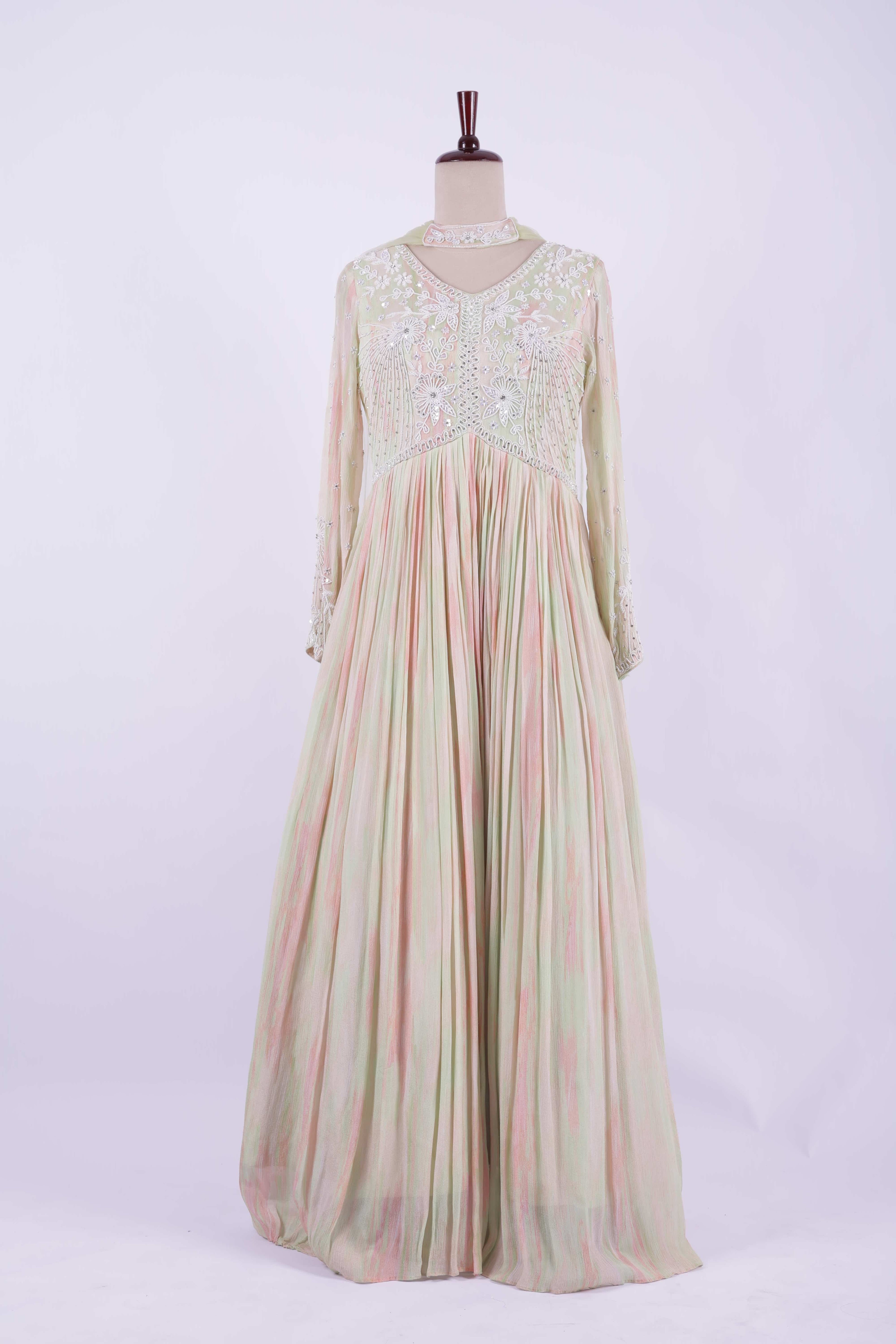 Pastel Peach and Mint Embroidered Georgette Anarkali Gown