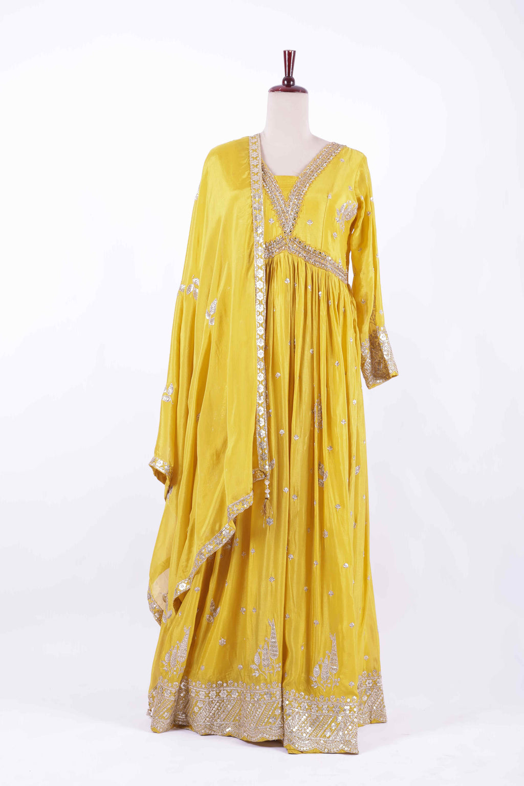 Mustard Yellow Embroidered Silk Anarkali Gown