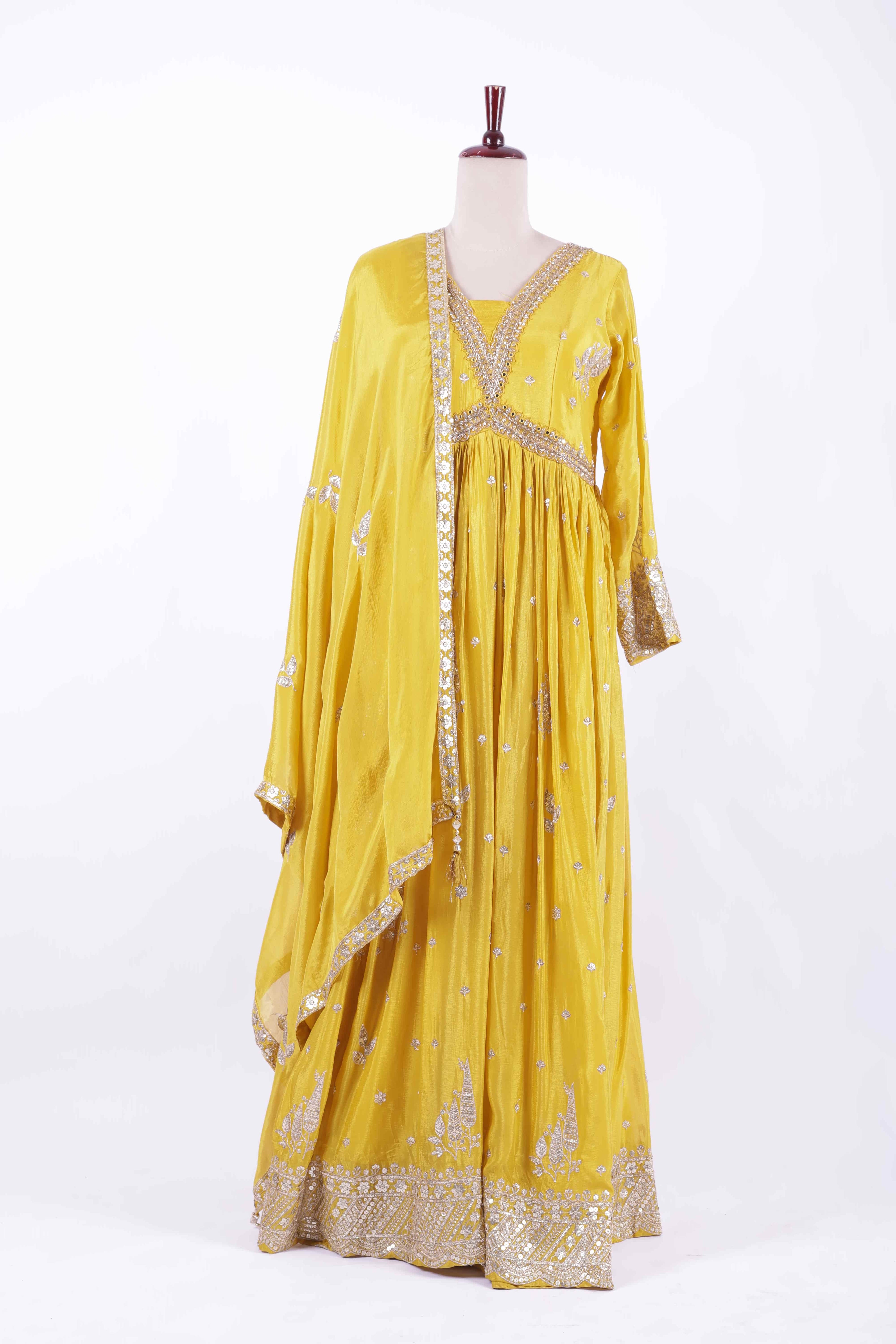Mustard Yellow Embroidered Silk Anarkali Gown