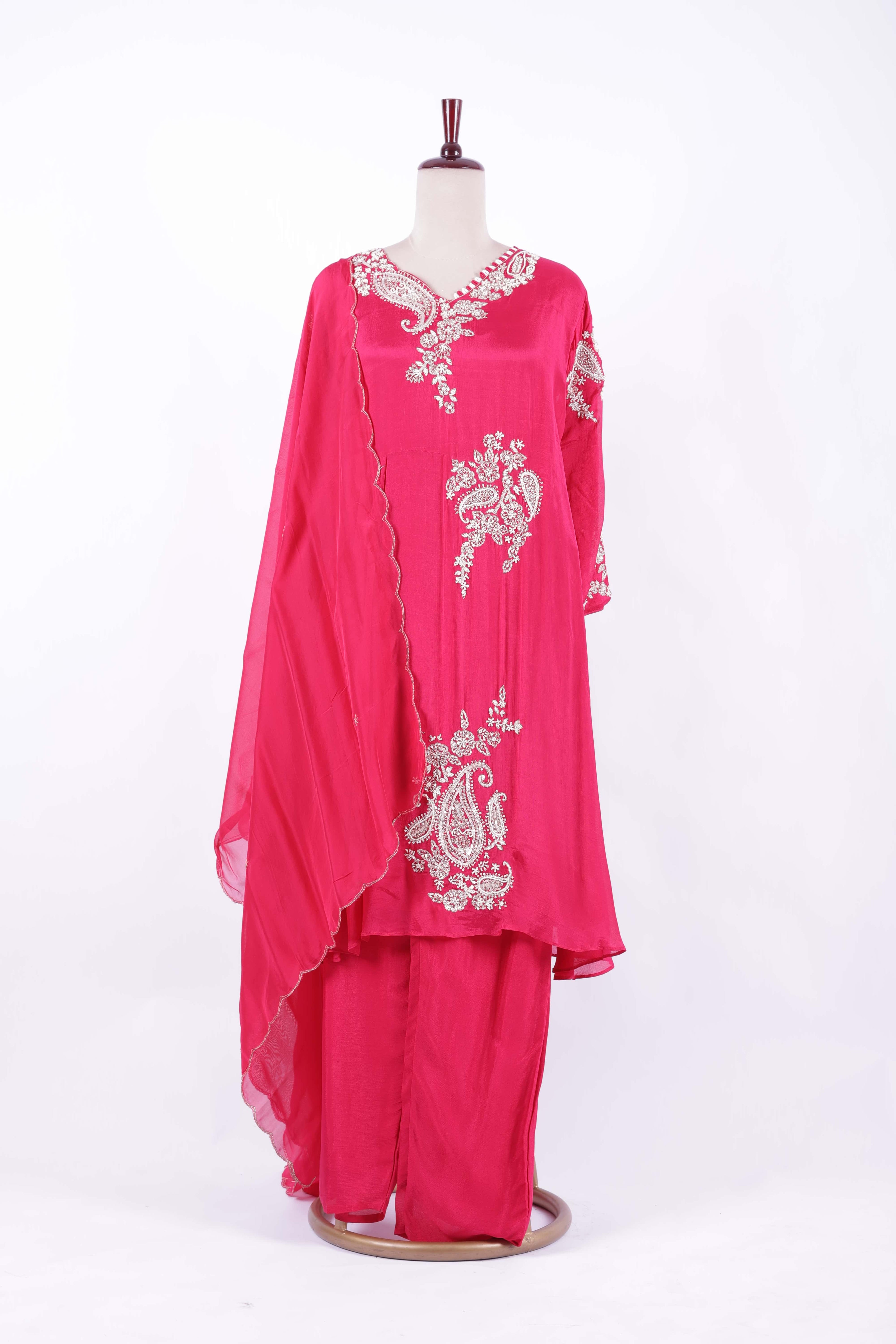 Hot Pink Embroidered Georgette Palazzo Suit