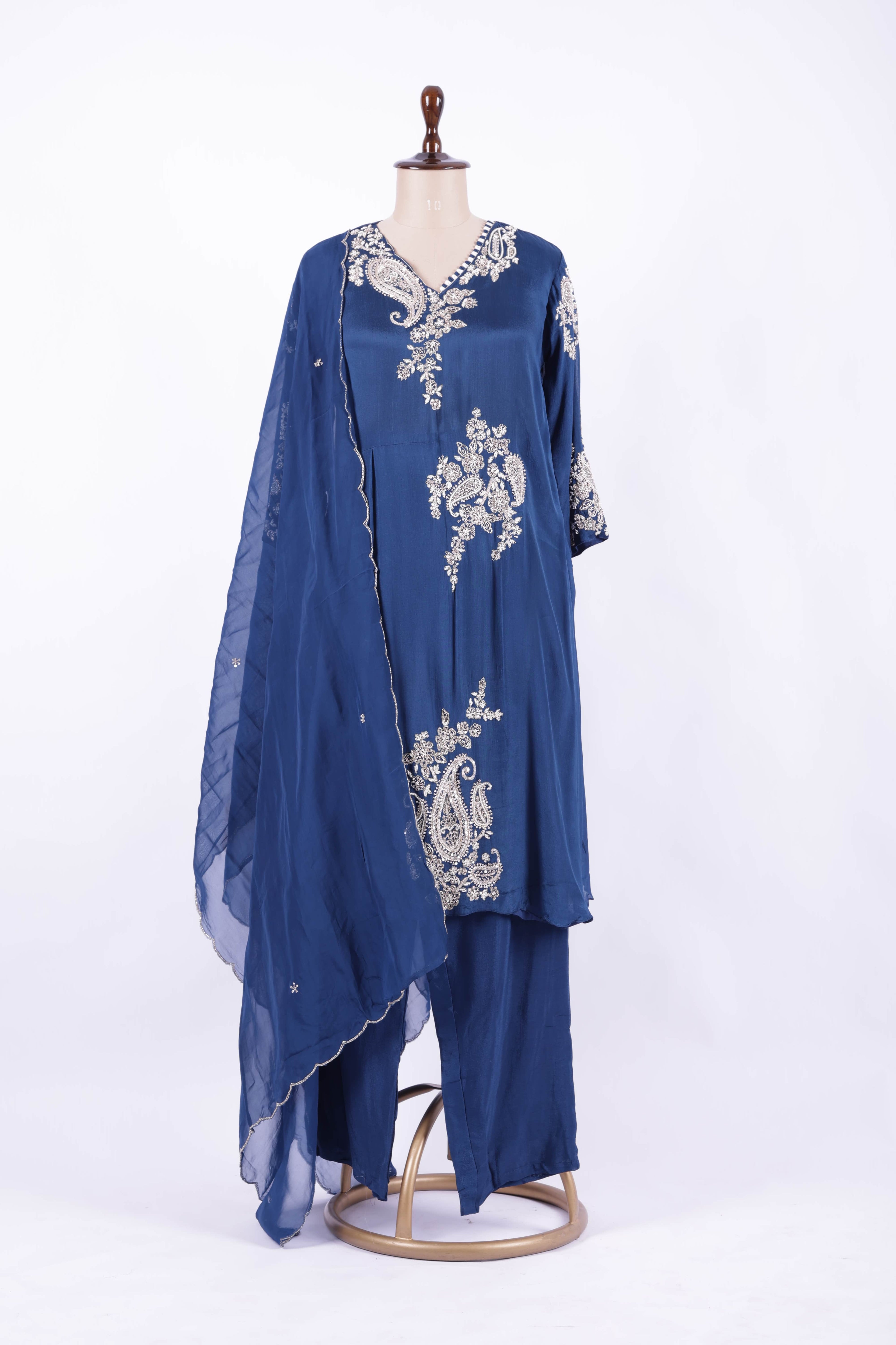 Midnight Blue Embroidered Georgette Palazzo Suit